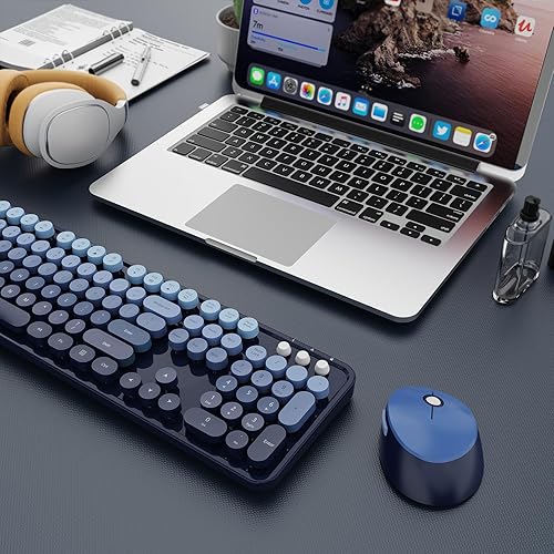 Vista 139 de Combo de teclado y mouse inalámbricos, colorido teclado ergonómico de tamaño completo con diseño retro, silencioso, con teclas bonitas, compatible