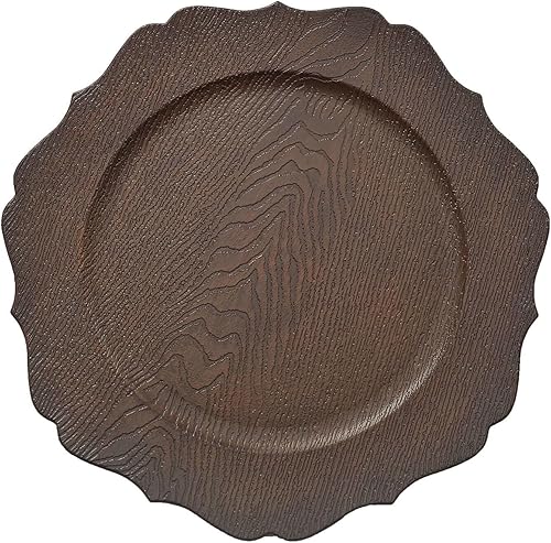 Miniatura 7 de Efavormart - Paquete de 6 platos de carga acrílicos texturizados de madera rústica marrón de 13 pulgadas con borde festoneado