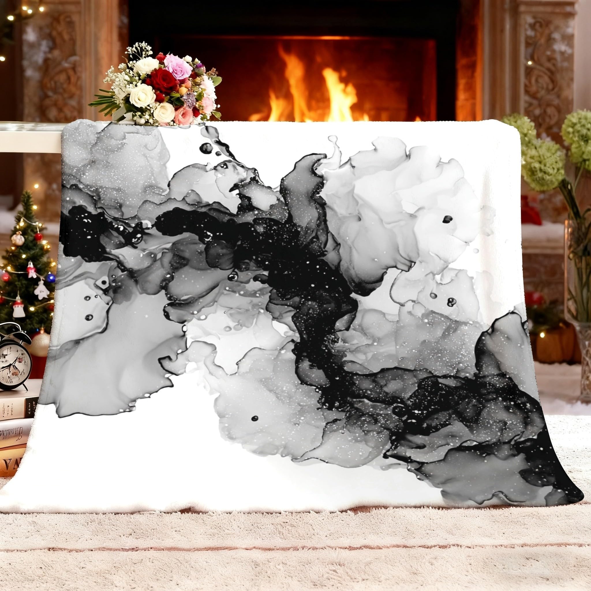 Manta de Franela Sherpa Suave (180x200 cm) Blanco y Negro Manta de Forro Polar para Sofá Cama, Camping, Tinta Fluida Abstracta Acogedora Frazada de Franela para Niños Niñas Adulto Regalo