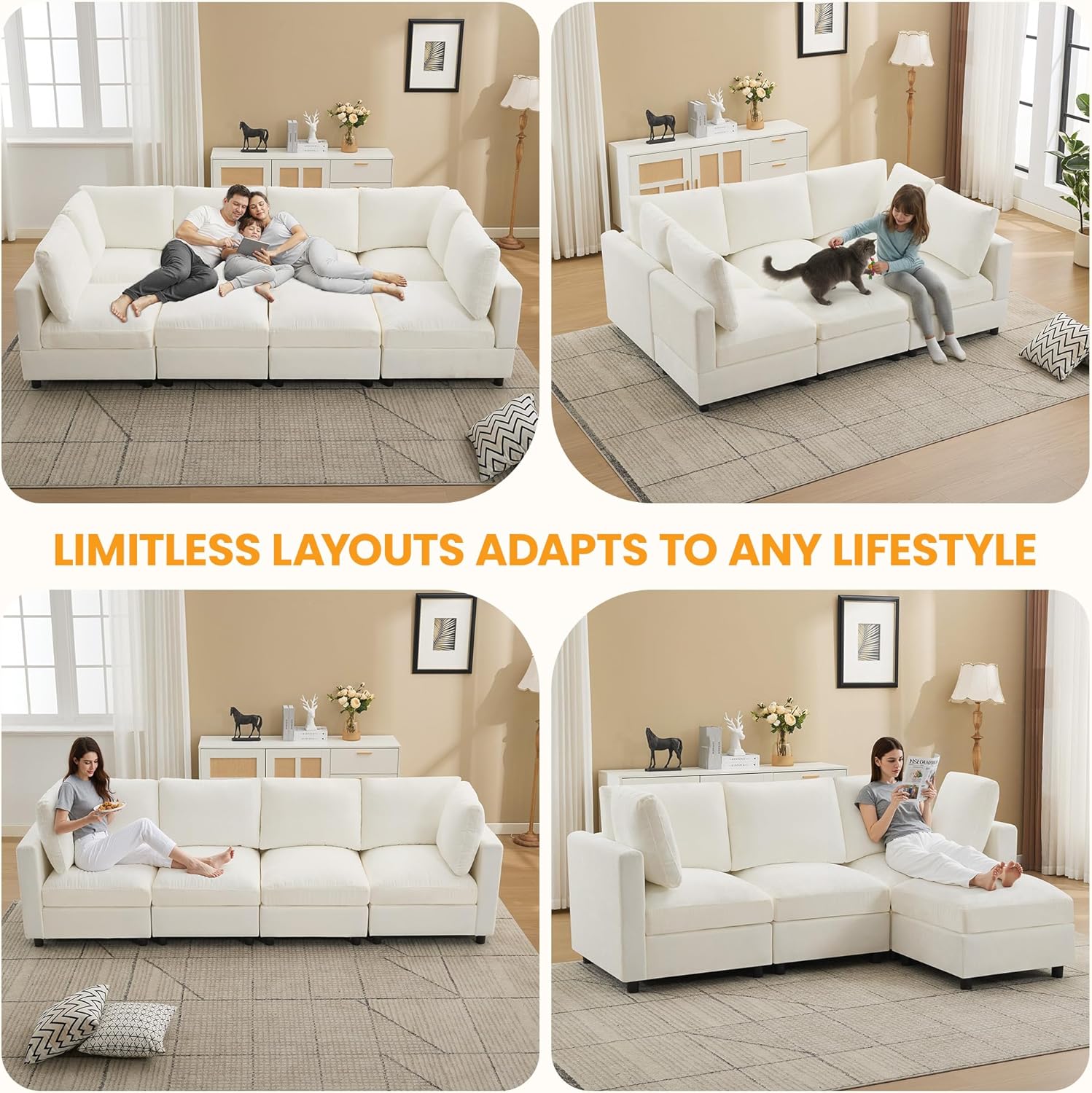 89'' Modular Sectional Cloud Sofa Bed, 6-Seater Convertible Sofa Couch with Ottoman, Modern Deep Seat Sleeper Sofa for Living Room, Chenille Beige