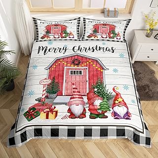 Christmas Gnomes Comforter Cover Rustic Farmhouse Red House Xmas Bedding Sets King,Black White Buffalo Plaid Duvet Cover For Kids Teen Adults New Year Gifts,Wooden Board Quilt Cover 2 Pillow Cases