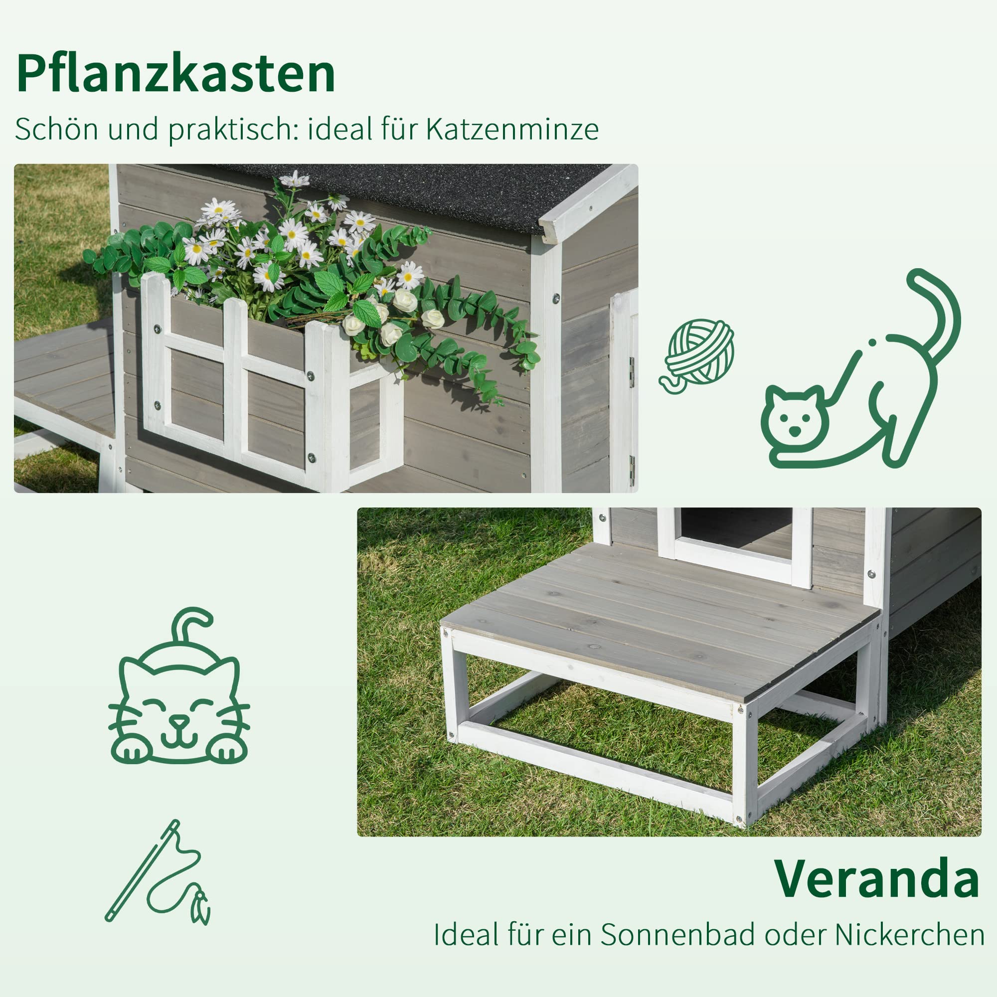 PawHut Koci domek zimoodporny, wodoodporny 115x66,5x74,7 cm Szary+Biały | Z drewna, domek zewnętrzny z tarasem, dach asfaltowy, jaskinia, skrzynia, schronienie, ogród, balkon