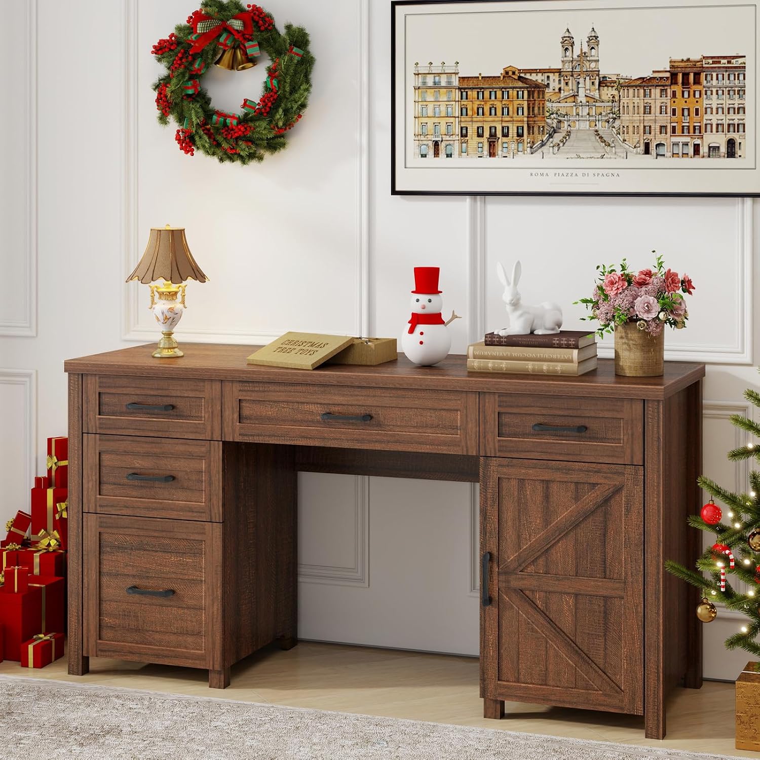 Vabches Farmhouse 61'' Executive Desk with 5 Drawers, Rustic Office Desk Computer Desk, File Drawers and Storage Cabinet, Wood Workstation for Study and Home Office, (Red-Brown)