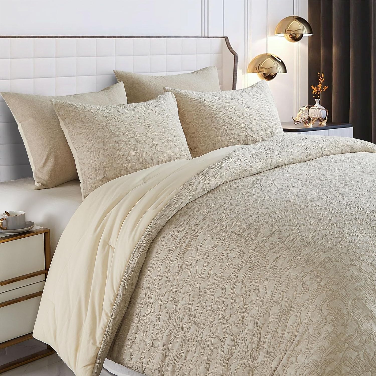 Cotton Boho King Comforter Bed Sets, Beige Comforter Set King, Vintage Farmhouse Bedding Stone Washed, Jacquard Bedding Sets 3 Pieces (1 Comforter, 2 Pillow Shams) Jaquard Beige King