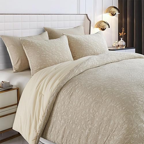 Juego de edredón de algodón bohemio tamaño King, juego de edredón beige extra suave vintage de granja lavado, juegos de ropa de cama jacquard de 3