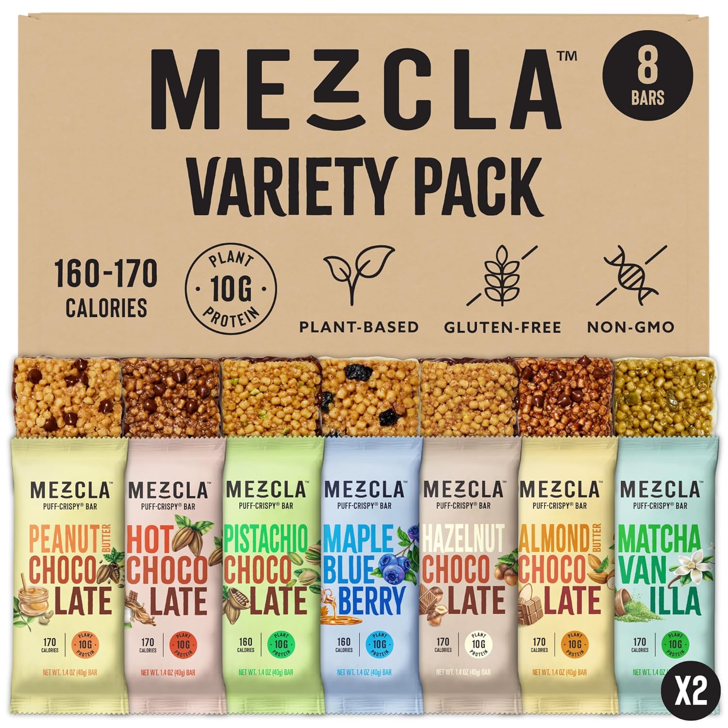 Mezcla Puff Crispy Protein Bars, Gluten Free & Vegan Protein Bars, 10g Protein, Alt for Crispy Rice Treat, Granola Bars & Breakfast Bars, Healthy Snacks for Adults, Variety Pack, 8 Count