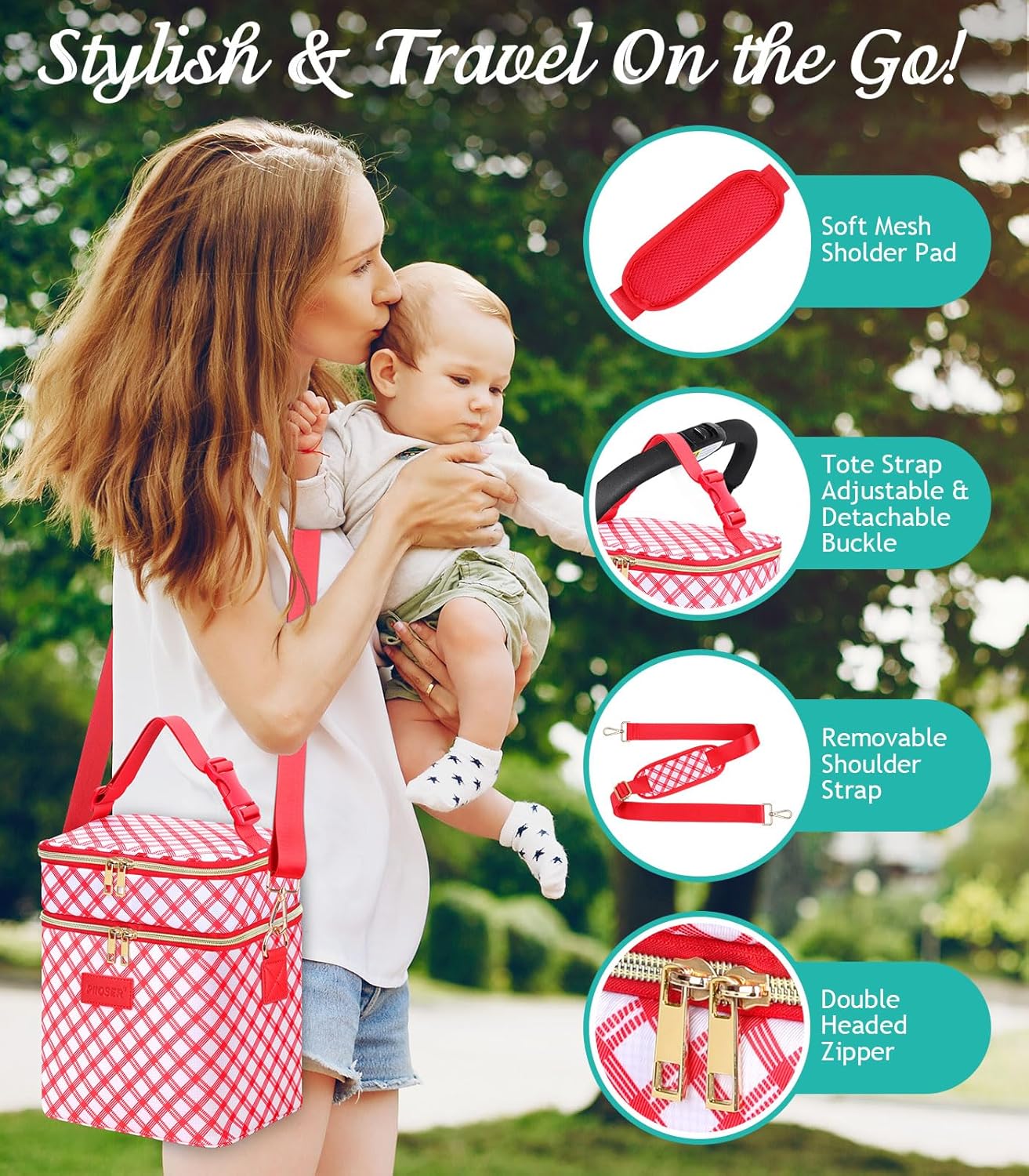 PIIOSER Breastmilk Cooler Bag with Ice Pack, Fits 6 Baby Bottles Up to 9 Oz, Stylish Baby Cooler Travel Bags with Shoulder Strap, Double Deck & Leakproof for Nursing & Working Mom-Red & White Striped