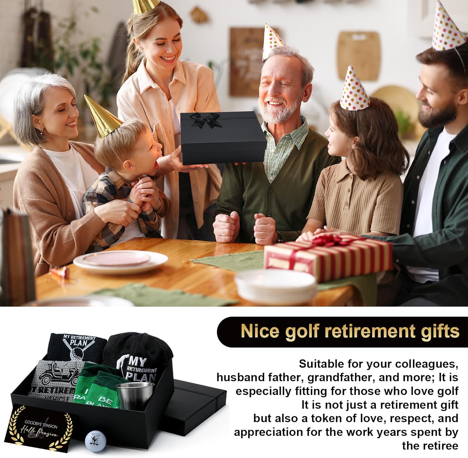 Skylety 8 Pcs Retirement Golf Gift Set for Men Include Stainless Steel Cup Cap Socks Card Towels Ball with Box for Dad Grandpa Golfer Lovers Fathers Day Golf Gifts