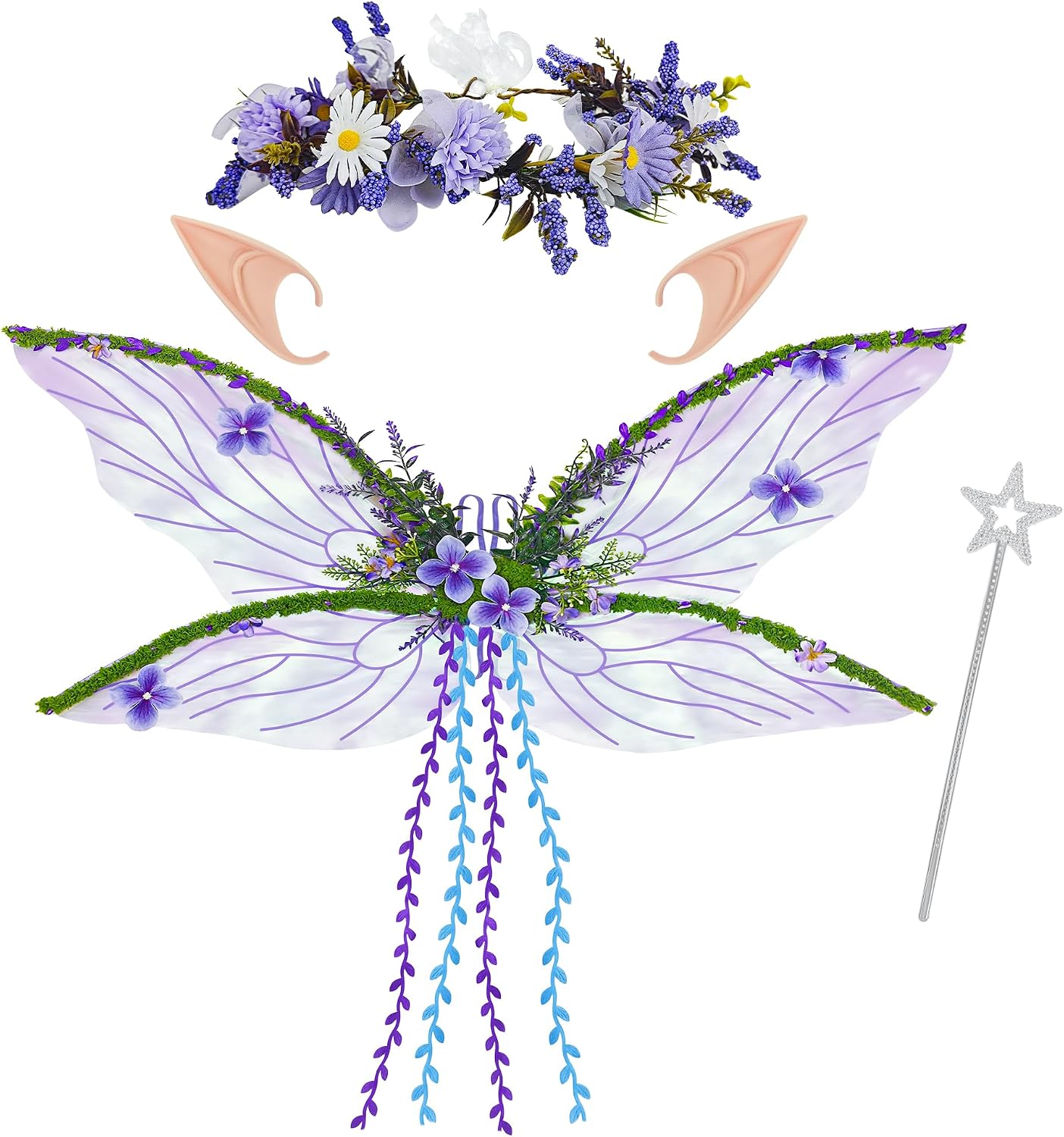 Fairy Wings Costume Set, Butterfly Wings Set with Elf Ears Flower Garland Wand Fairy Costume Accessories for Women