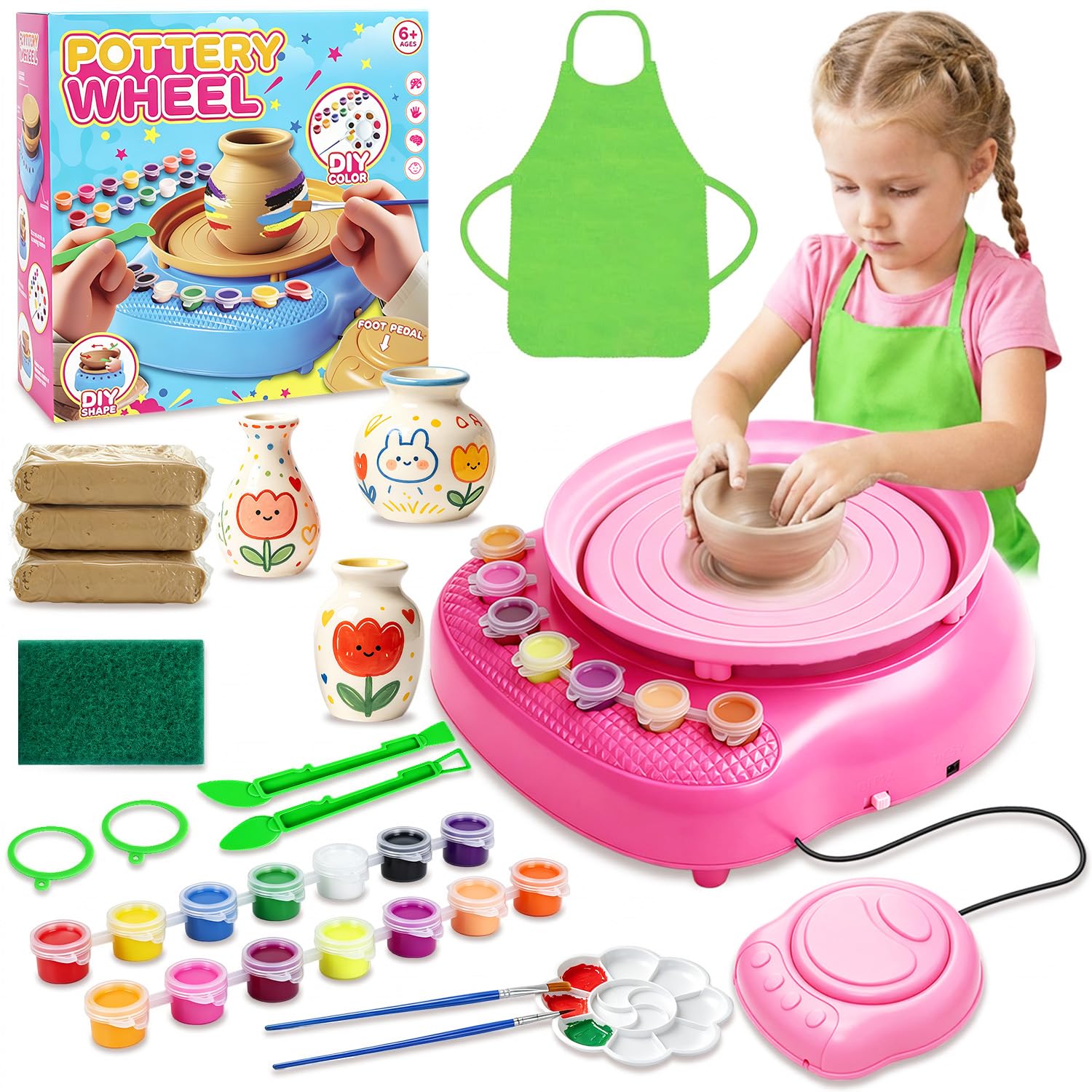 FOTSHARER Pottery Wheel for Kids，Pottery Painting Kit Arts and Crafts Toys Air-Dry Clay Packs and Tools Arts & Crafts Supplies, Complete DIY Pottery Kit Toys Birthday Christmas Gift for Beginnersls