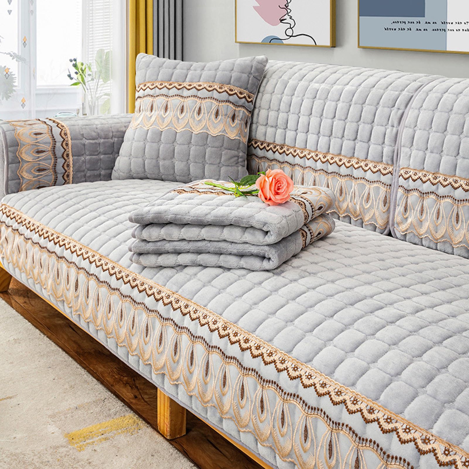 Housse de coussin de canapé antidérapante en flanelle épaisse universelle 4 places