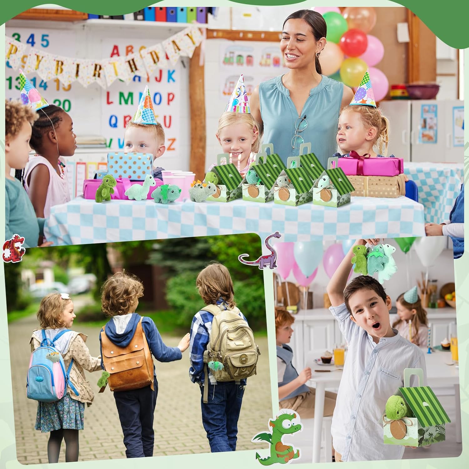 Remuuly 88 Pcs 12 Sets Dinosaur Party Favor Mini Dinosaur Stuffed Animals Bulk Plush Keychains Bracelet Gift Box Sticker for Adopt an Animals Favors Birthday Goodie Bag Supplies Fillers Stuffers