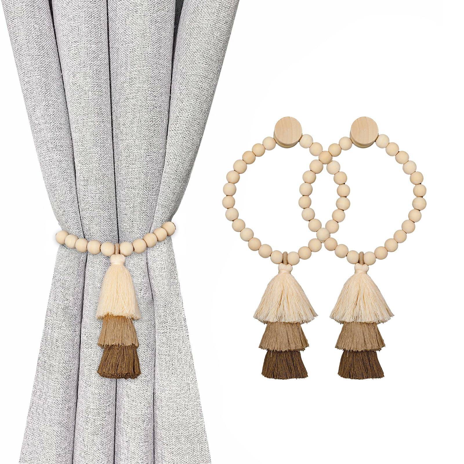 2 Pack Handmade Wooden Bead Curtain Tiebacks with Tassel, Simple Elegant Magnetic Curtain Holdbacks for Drapes in Bedroom, Nursery, Living Room (Coffee Brown)