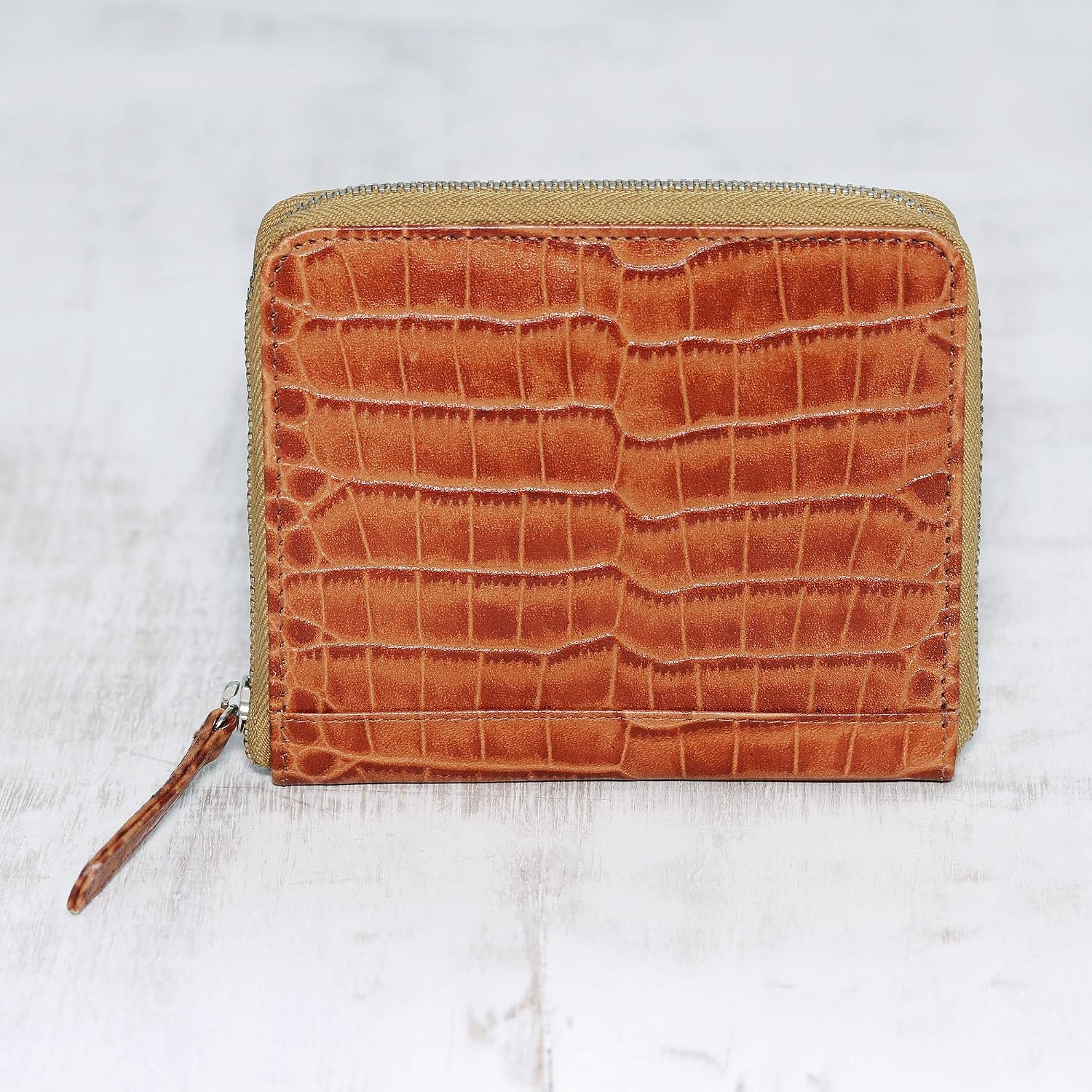 NOVICA Artisan Handmade Leather Wallet Russet Brown Zippered with Crocodile Motif Handbags Wallets Patterned India ' Travel Light in Brown'