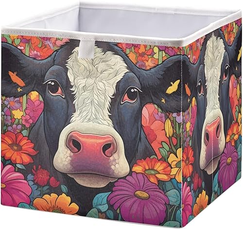 Vnurnrn Cubo de almacenamiento plegable, hermosa vaca en estampado de flores, cestas organizadoras con tablero de soporte para estante armario