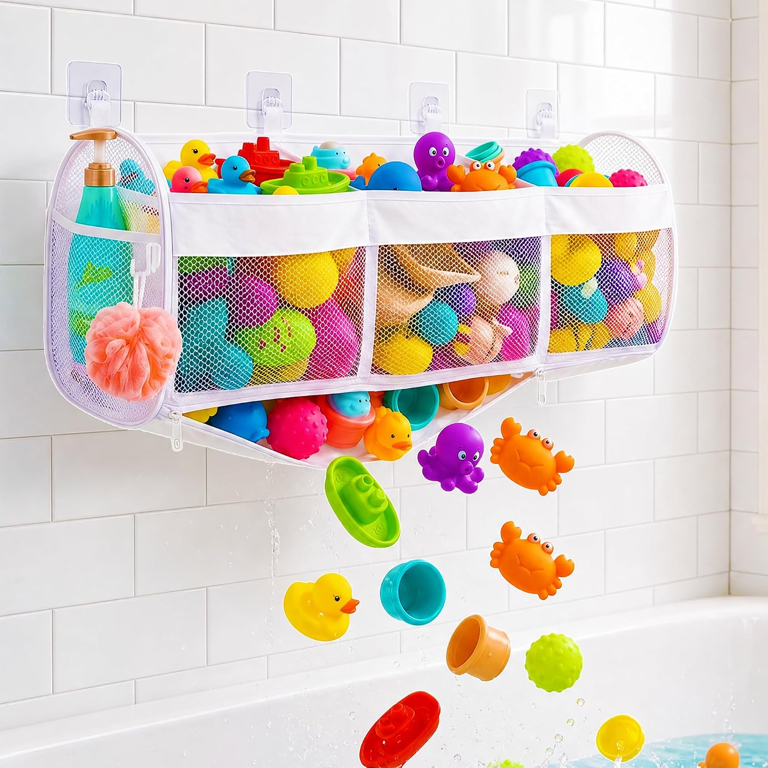 Bath Toy Storage, 3 Compartment Horizontal Large Openings with Bottom Zipper, Quick Dry Mesh Easy Access Toy Organizer for Tub & Shower Bath Toy Sorting