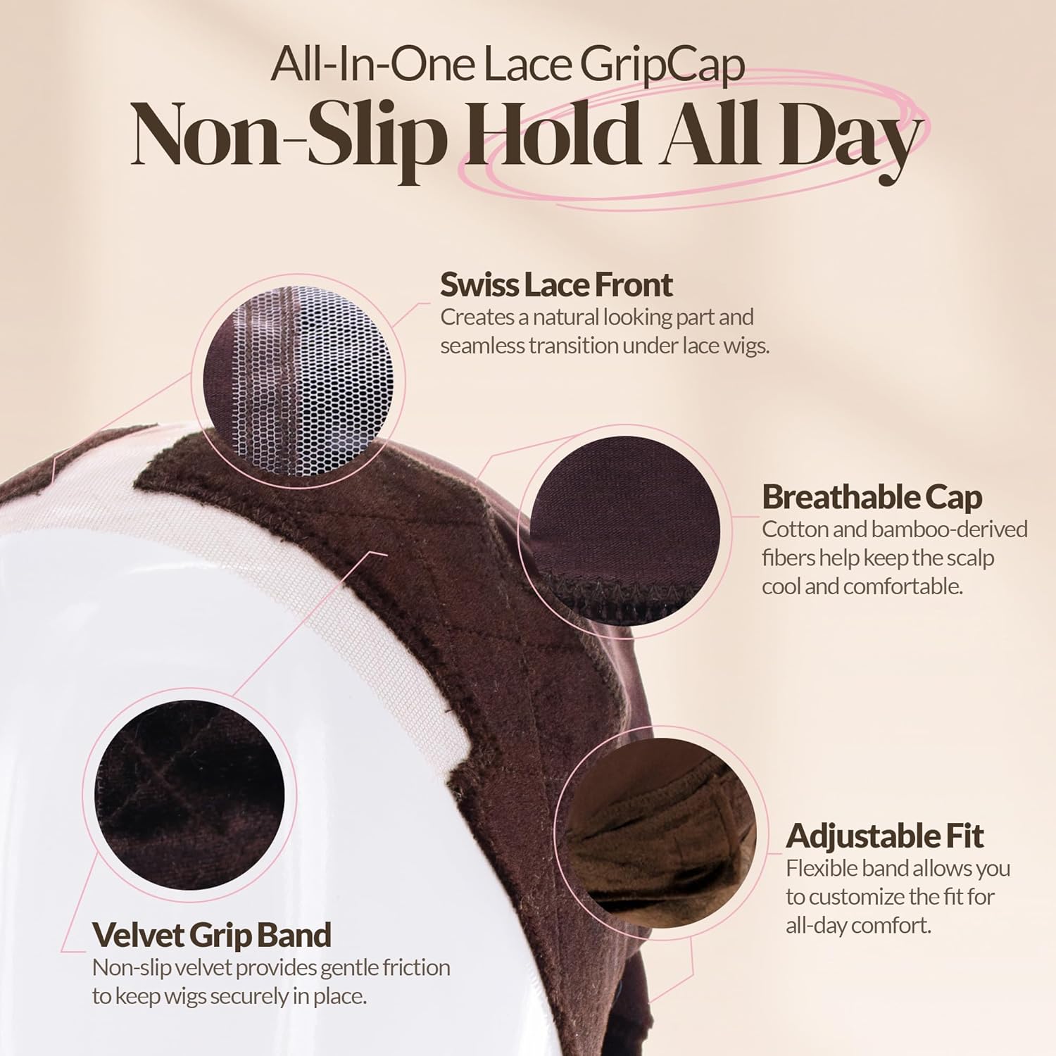 MILANO COLLECTION Lace Wig Grip Cap for Women, Adjustable Wig Caps for Women Non Slip with Headband to Secure Lace Top Perfectly in Place, One Size Fits All, Chocolate Brown, 2 Pack