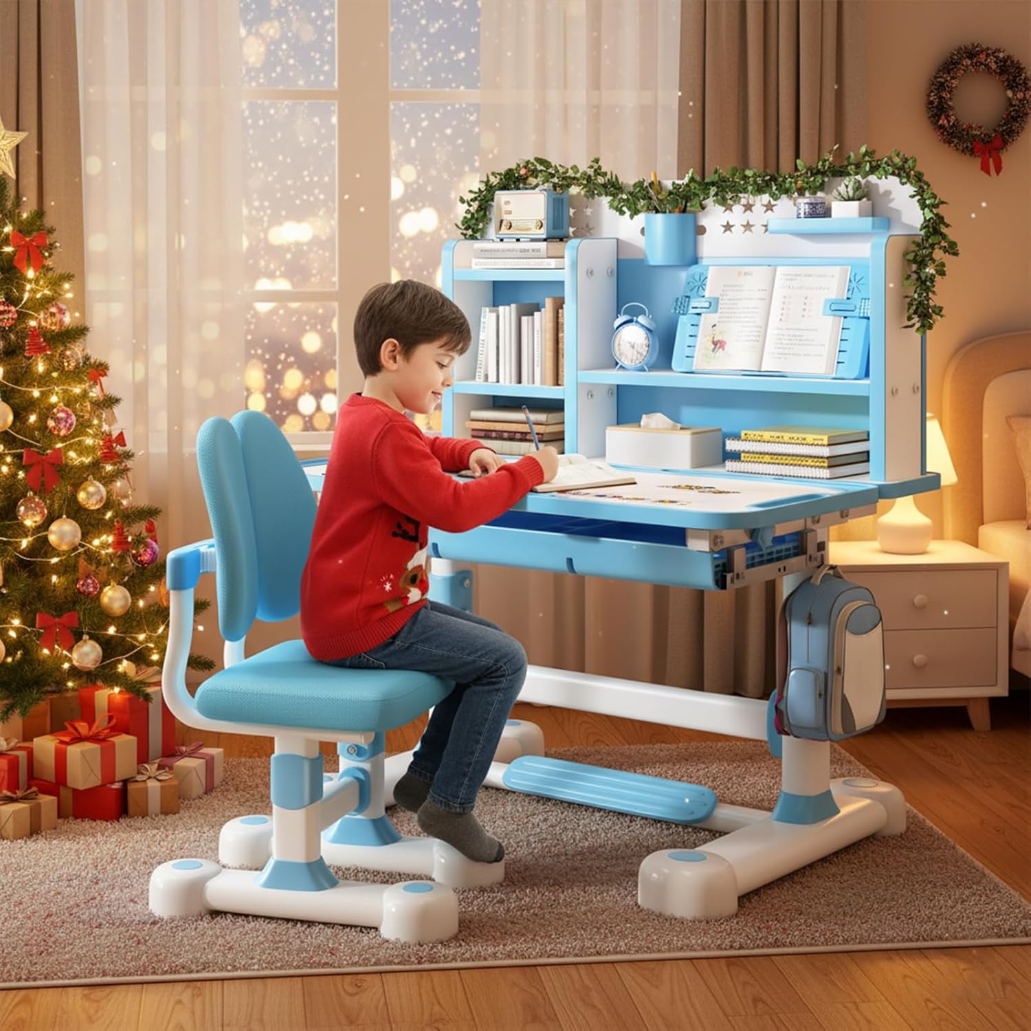 Kids Study Table and Chair Set, Height Adjustable Child's School Study Writing Tables Kids Desk and Chair Set Adjustable Art Desk for Bedroom with Large Drawer & Partition Design (Blue)