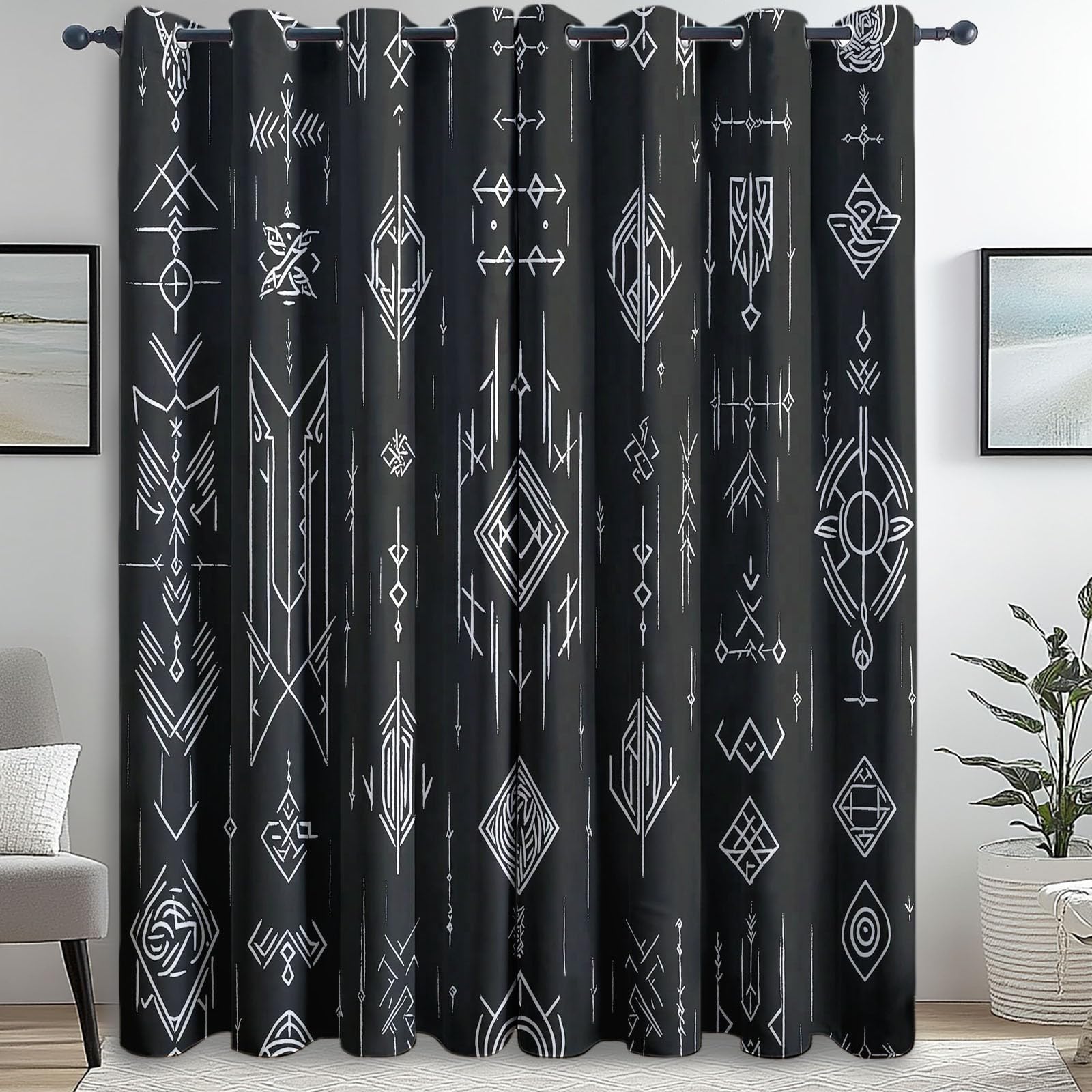 Cortina con Ojales Negro Estampado para Sala de Estar habitación de niñas y niños Tradicional Runas Vikingas Cortinas Estampadas 140An x 145Al cm (2 Paneles) Cortinas Opacas