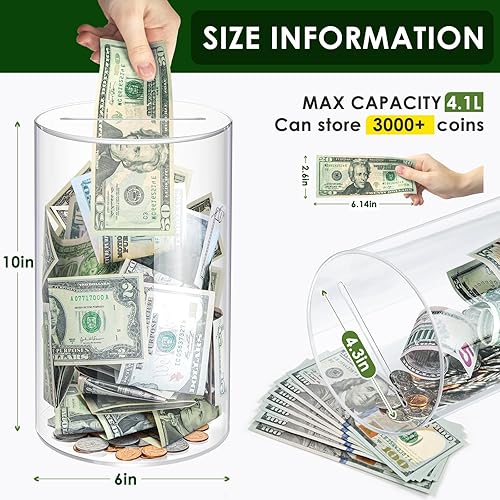 Miniatura 3 de Vcertcpl - Alcancía extragrande para adultos y niños, alcancía de acrílico transparente para ahorrar dinero con capacidad de 4.1 litros, frasco de