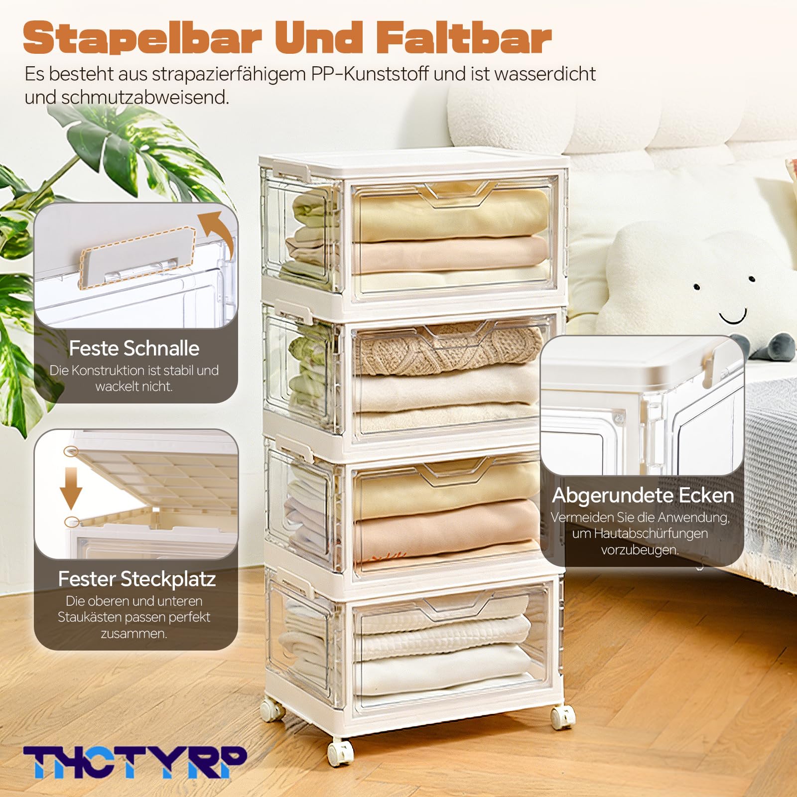 Aufbewahrungsbox 23L 4 Stück, Durchsichtig Stapelboxen mit deckel, Faltbare Aufbewahrungsbox mit Tür und Rollen