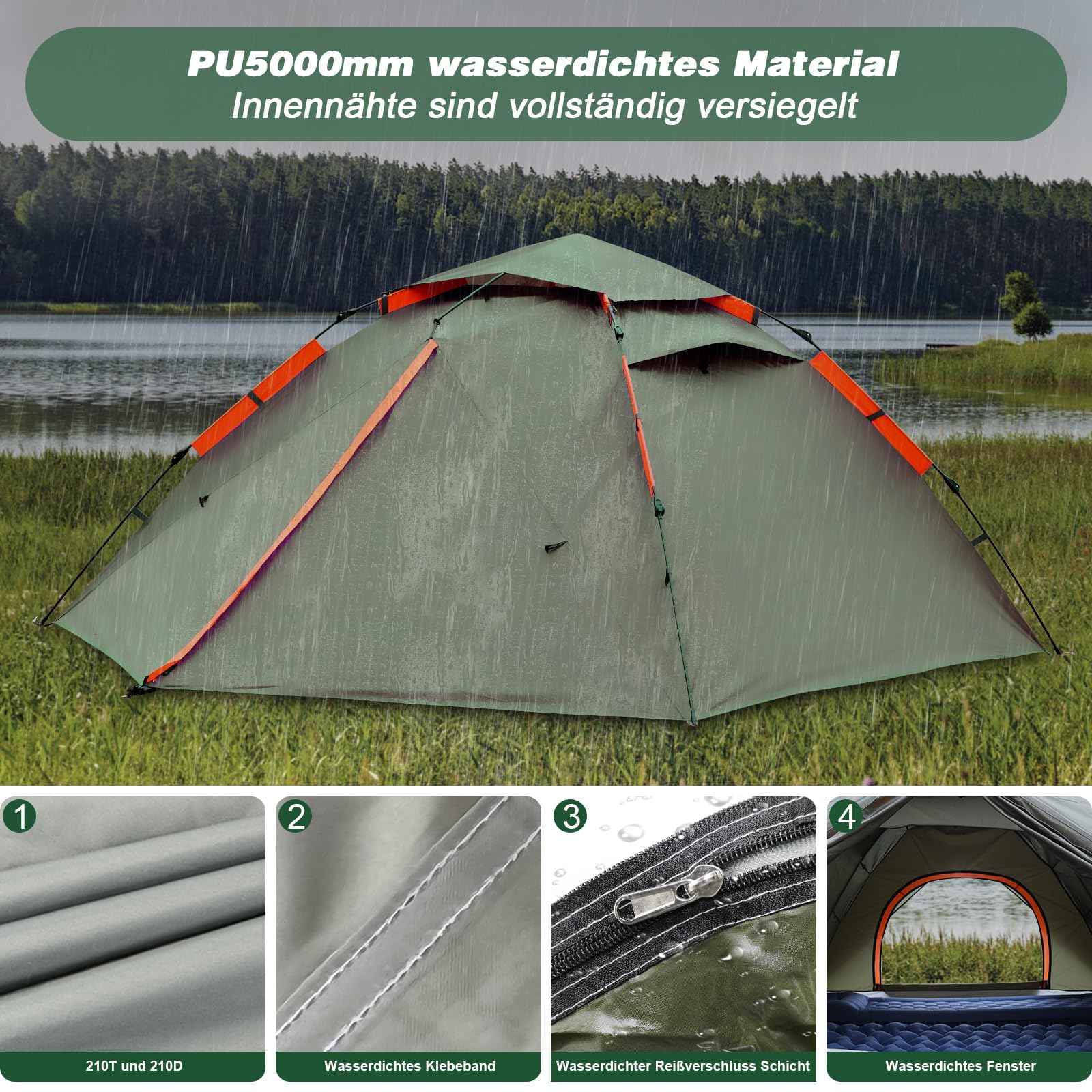 Pop Up Zelt, Camping Zelt Automatisches 2-4 Mann Personen Kuppelzelt 4 Jahreszeiten Wasserdicht Winddicht Campingzelt Quick Up Wurfzelt mit Abnehmbarer Zelte für Familien Camping