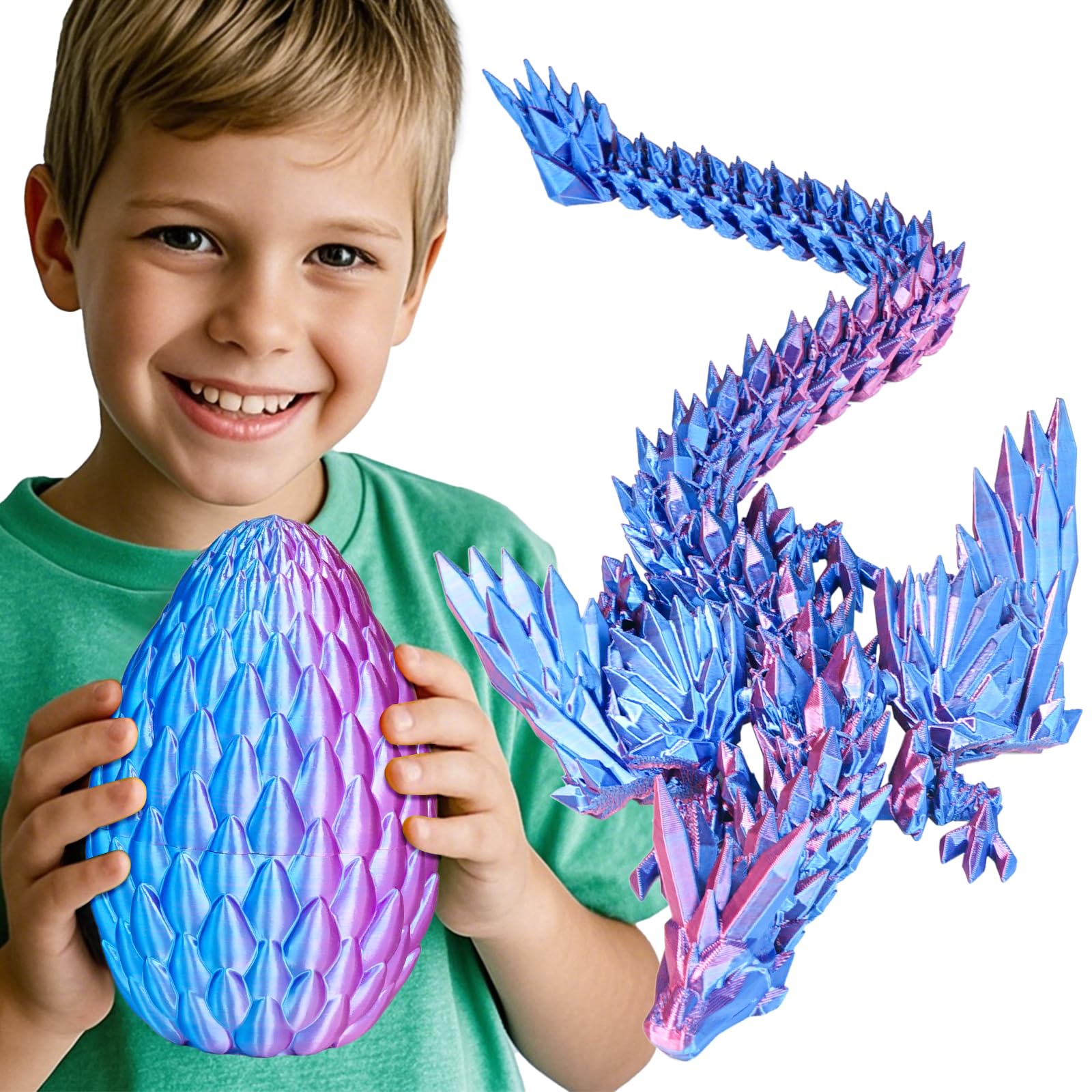 Large 3D Printed Dragon Egg with Articulated Winged Dragon Inside, Collectible Figurine Fidget Toy for Adults Kids, Birthday Easter Stocking Fillers for Friends Colleagues,Blue Pink
