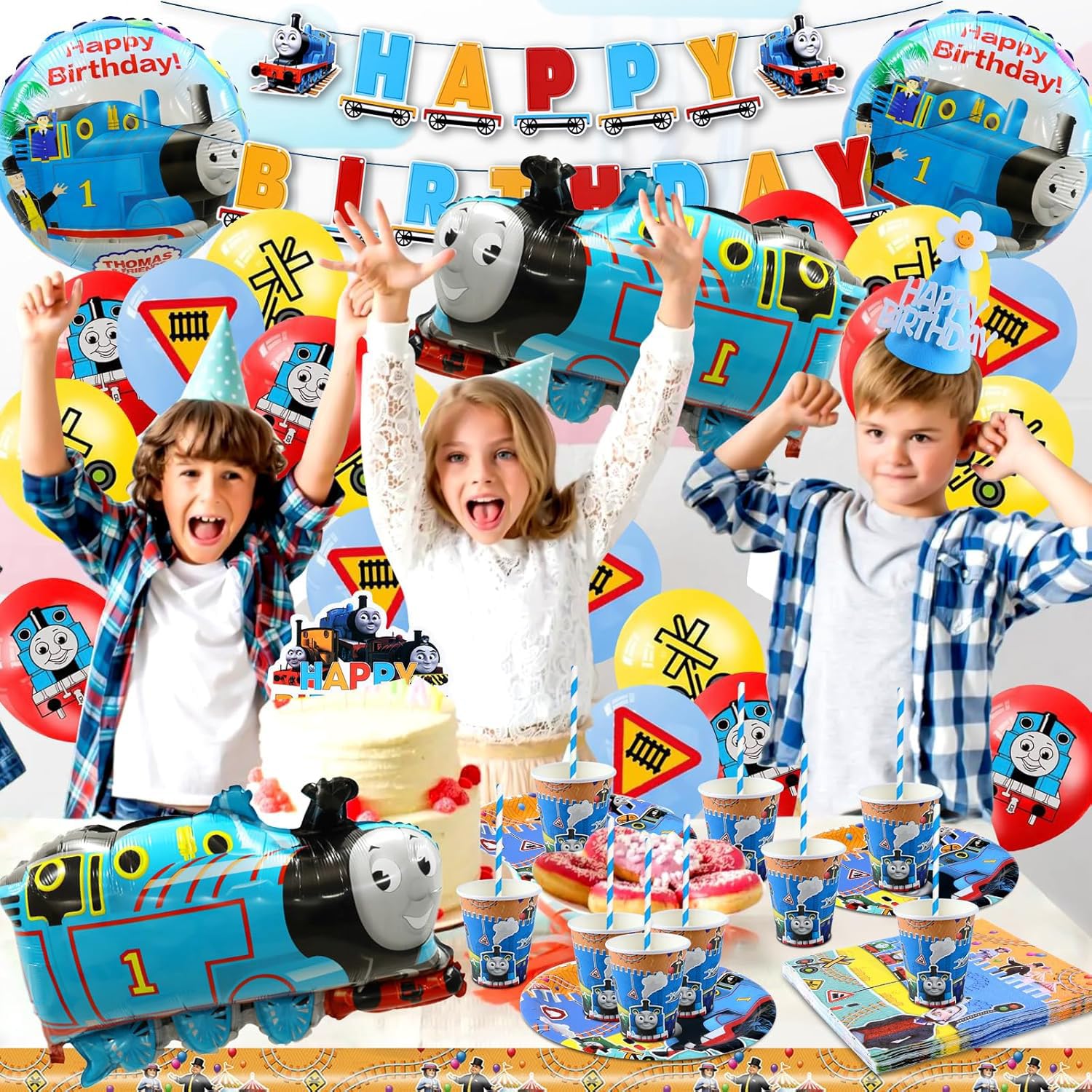 Set di 61 stoviglie Thomas per feste di compleanno per bambini, compresi piatti di carta, bicchieri, tovaglioli e tovaglie, adatte per 20 compleanni per bambini