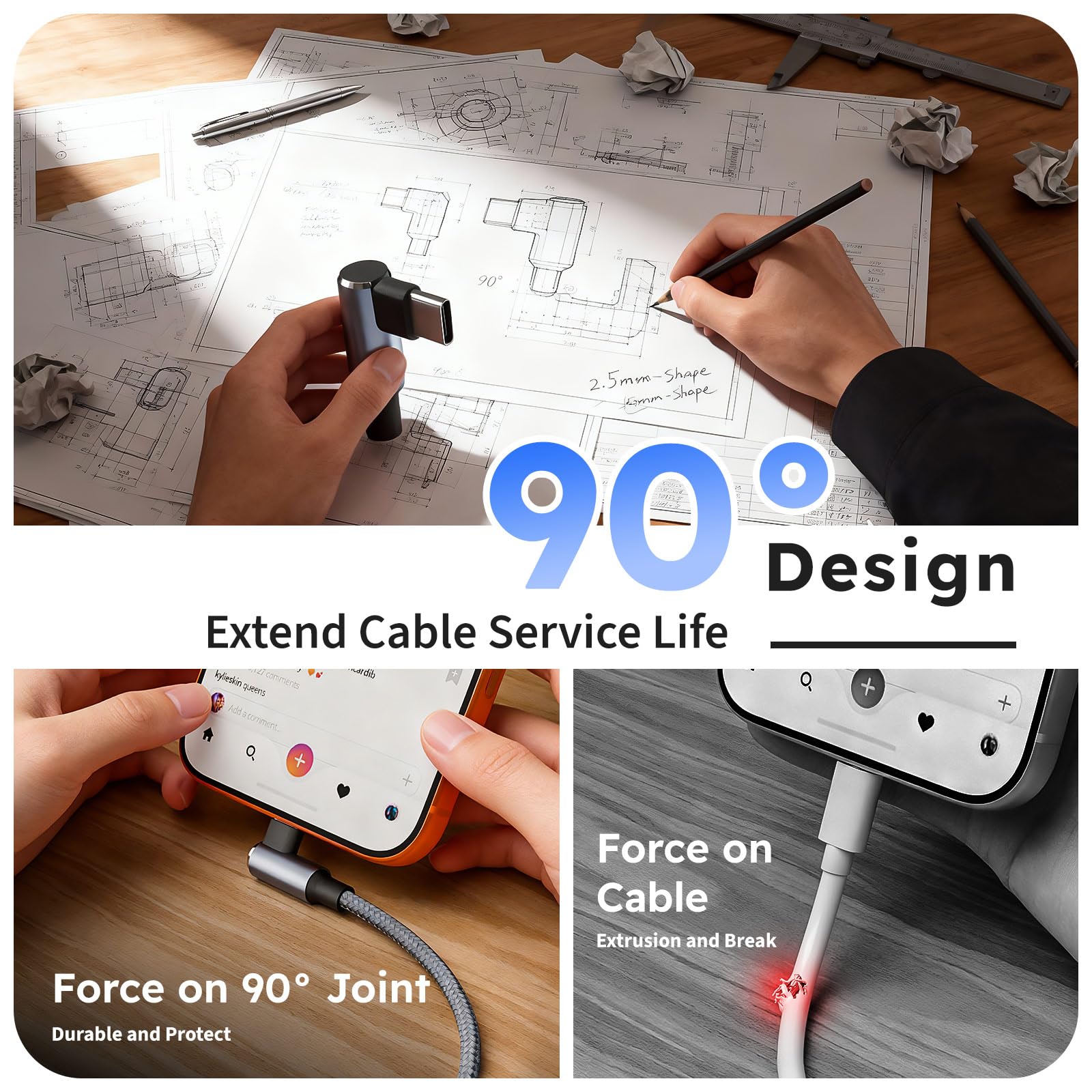 MPATIBY Cable USB A/C a USB C en ángulo recto, cable de carga trenzado tipo C de 90 grados de 5 pies, cable de carga USB C 3 en 2, cable de carga universal para teléfono con 3 puertos tipo C para