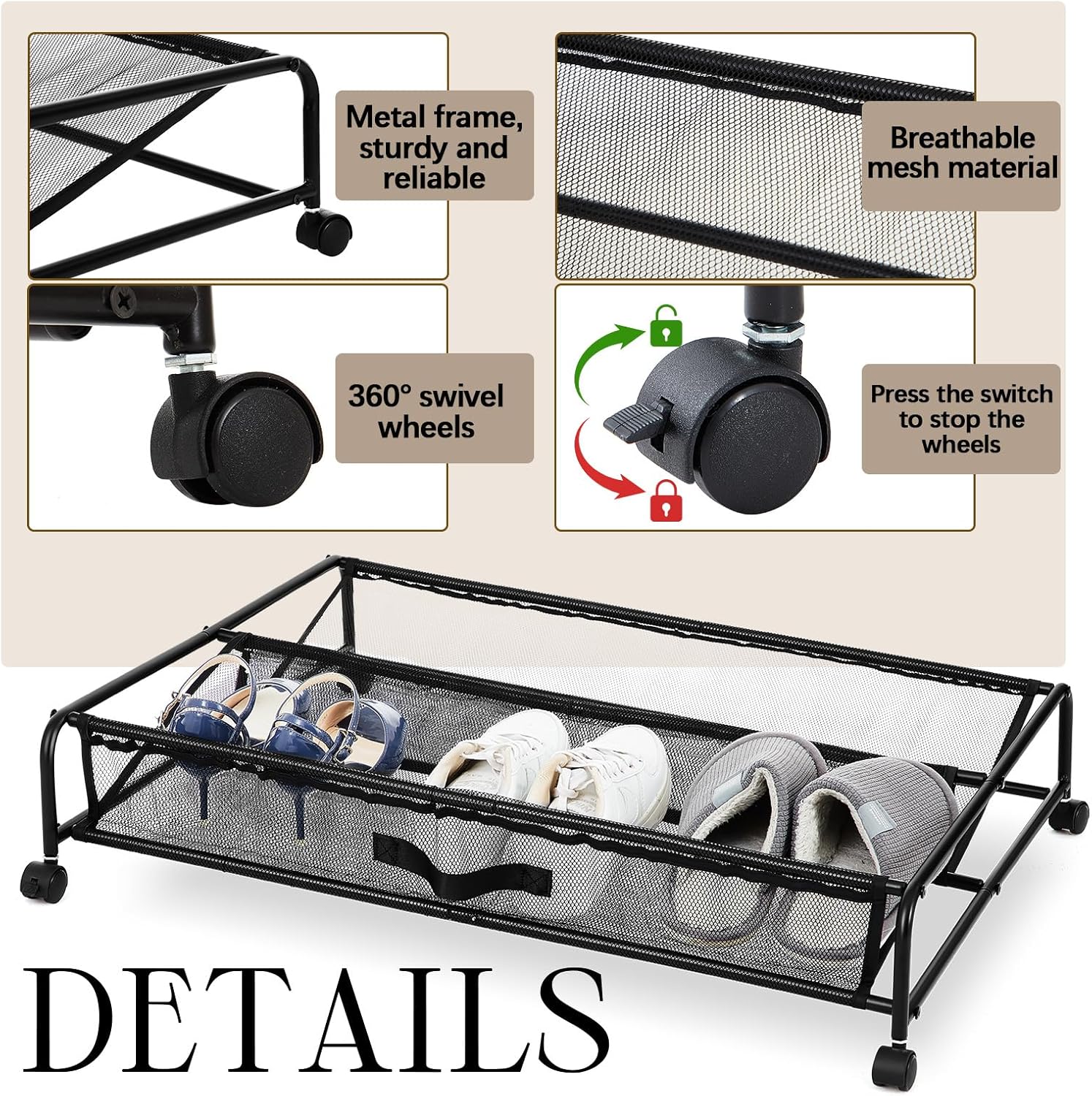3 Packs Under Bed Shoe Storage Organizers with Wheels Large Rolling Under bed Metal Shoe Drawers Assembly for House Bedroom Apartment Sofa Drawer Organization Storage Space Saving