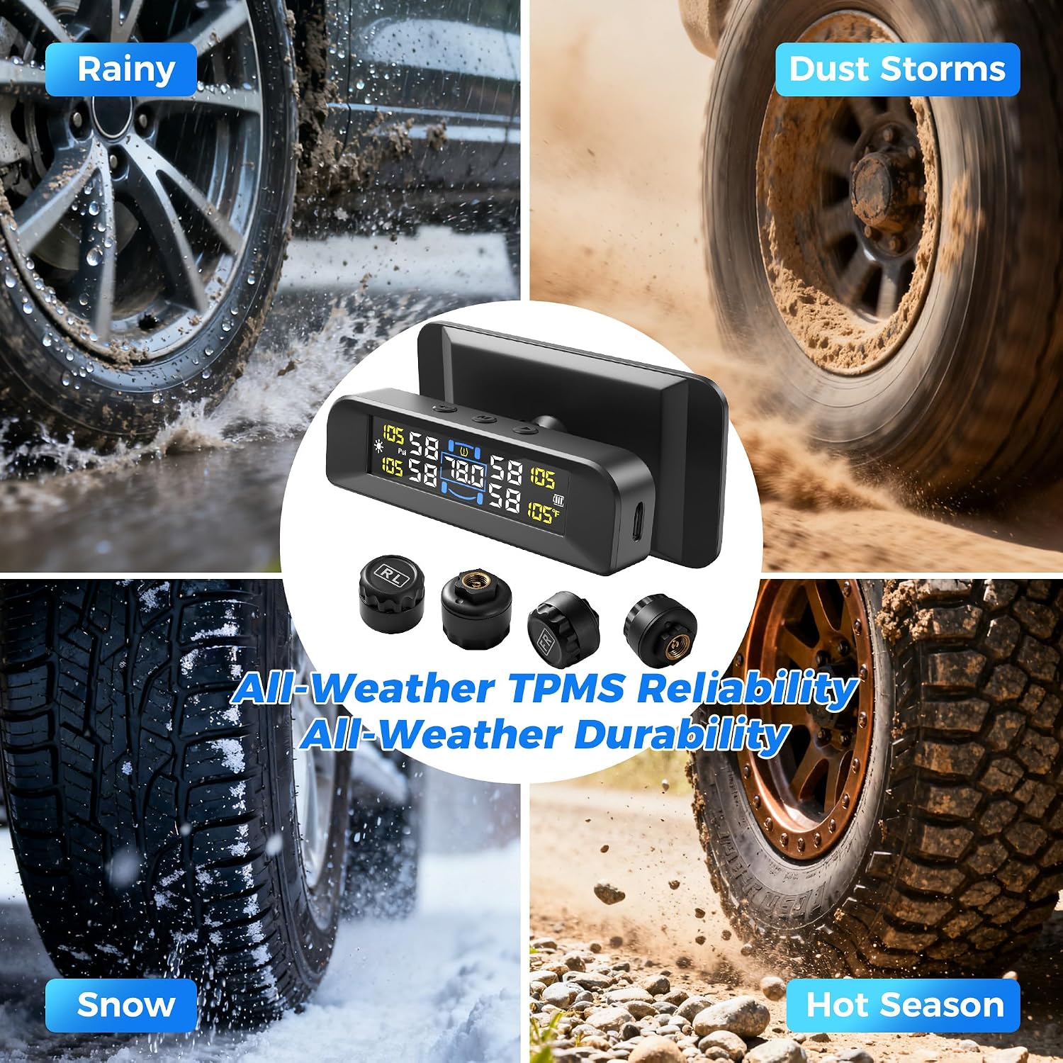 4 Sensors TPMS Tire Pressure Monitoring System, 6 Smart Safety Alerts, Adaptive Bright LCD, Solar/USB Charging, 0-6 Bar/87 PSI, Easy to Intall on Windshield for Car SUV MPV Trailer Truck
