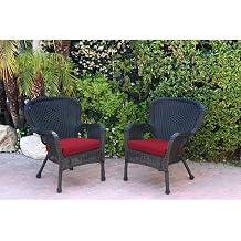 Jeco Inc Set of 2 Windsor Black Resin Wicker Chair with Red Cushion