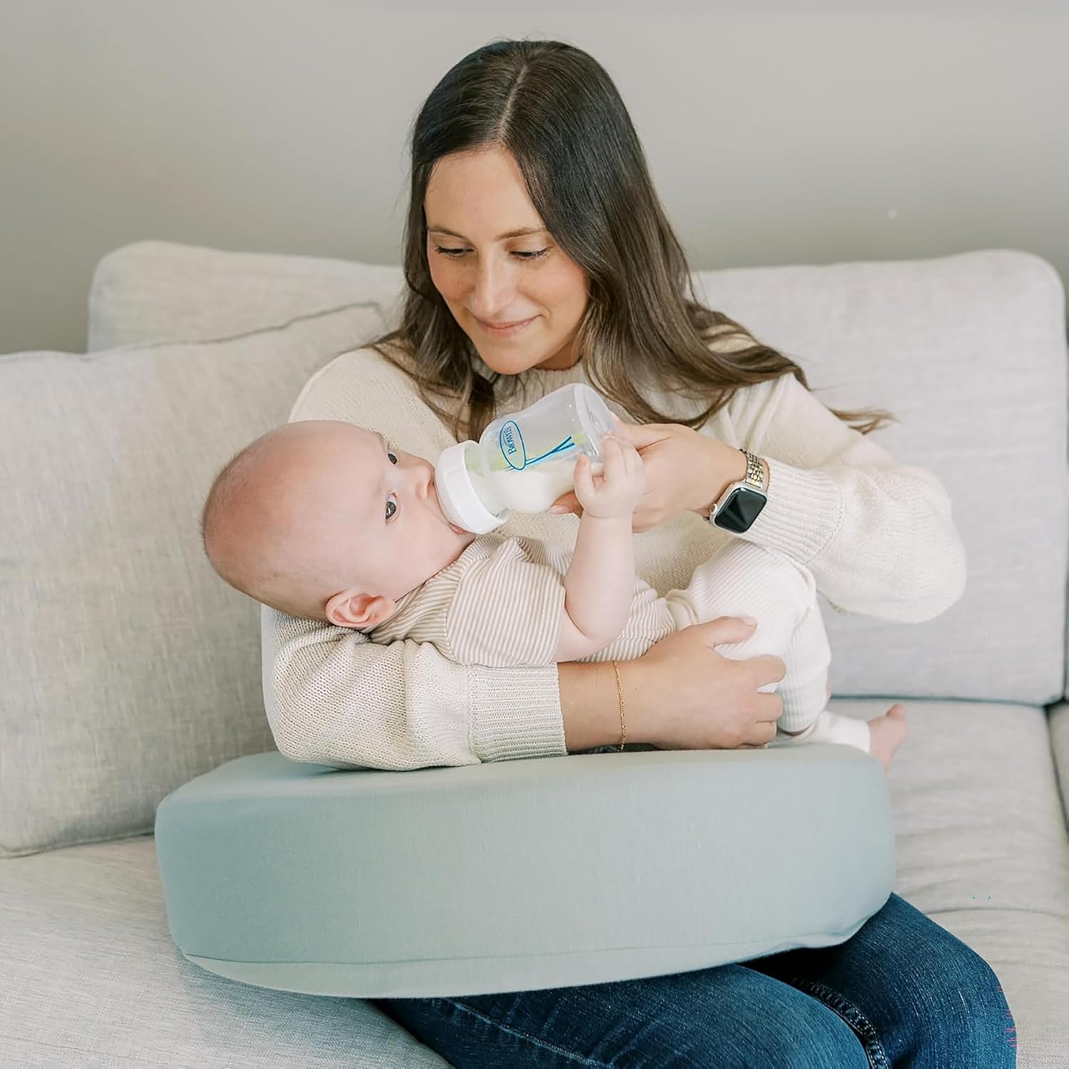 Dr. Brown's Feeding Support Pillow with Cover, Storm Green & Natural Flow Anti-Colic Options+ Narrow Baby Bottle, 8 oz/250 mL, 0m+, 4 Pack