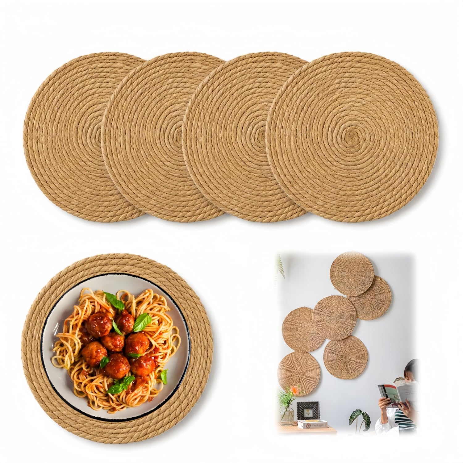 Round Woven Placemats,25cm Handmade Weave Placemat,for Table Mats and Wall Decorations（4pcs）