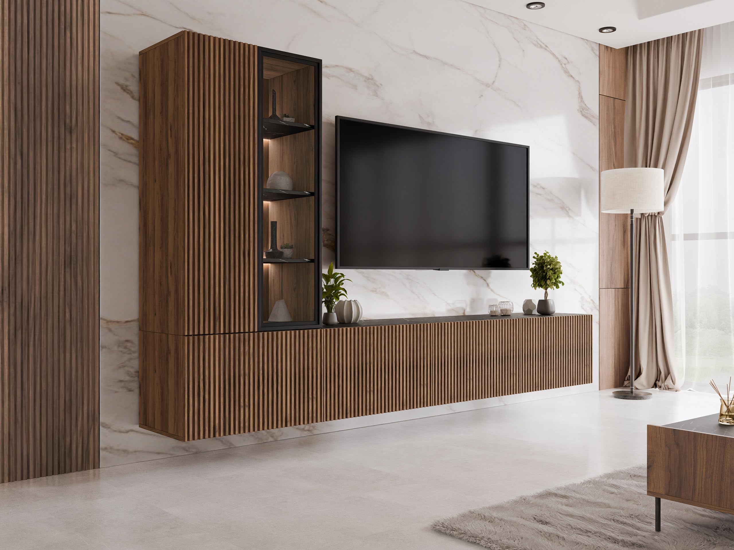 Mirjan24 Wohnwand Tiwori, Wohnmöbel, Elegantes Wohnzimmer-Set mit weißer LED-Beleuchtung, Griffloses Öffnungssystem, Wohnzimmer Kollektion, Stilvolle Anbauwand (Nuss Warmia + Marmor Schwarz)
