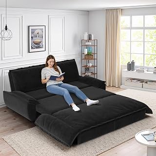 73.2 Inch Queen Size Sleeper Sofa Bed, 3 in 1 Convertible Pull Out Couch Velvet Loveseat Sofa Couch Bed with Pillow for Apartment, Bedroom, Living Room, Black