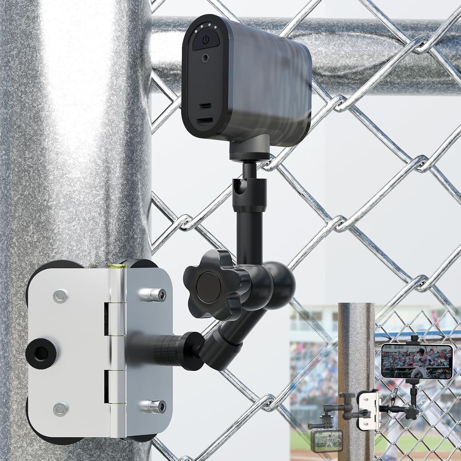 Magnetic Fence Mount, Post Mount for Mevo Start, GoPro, iPhone and Action Cameras, Two 1/4" Threaded Points, with Safety Rope, for Recording Baseball,Softball and Tennis Games