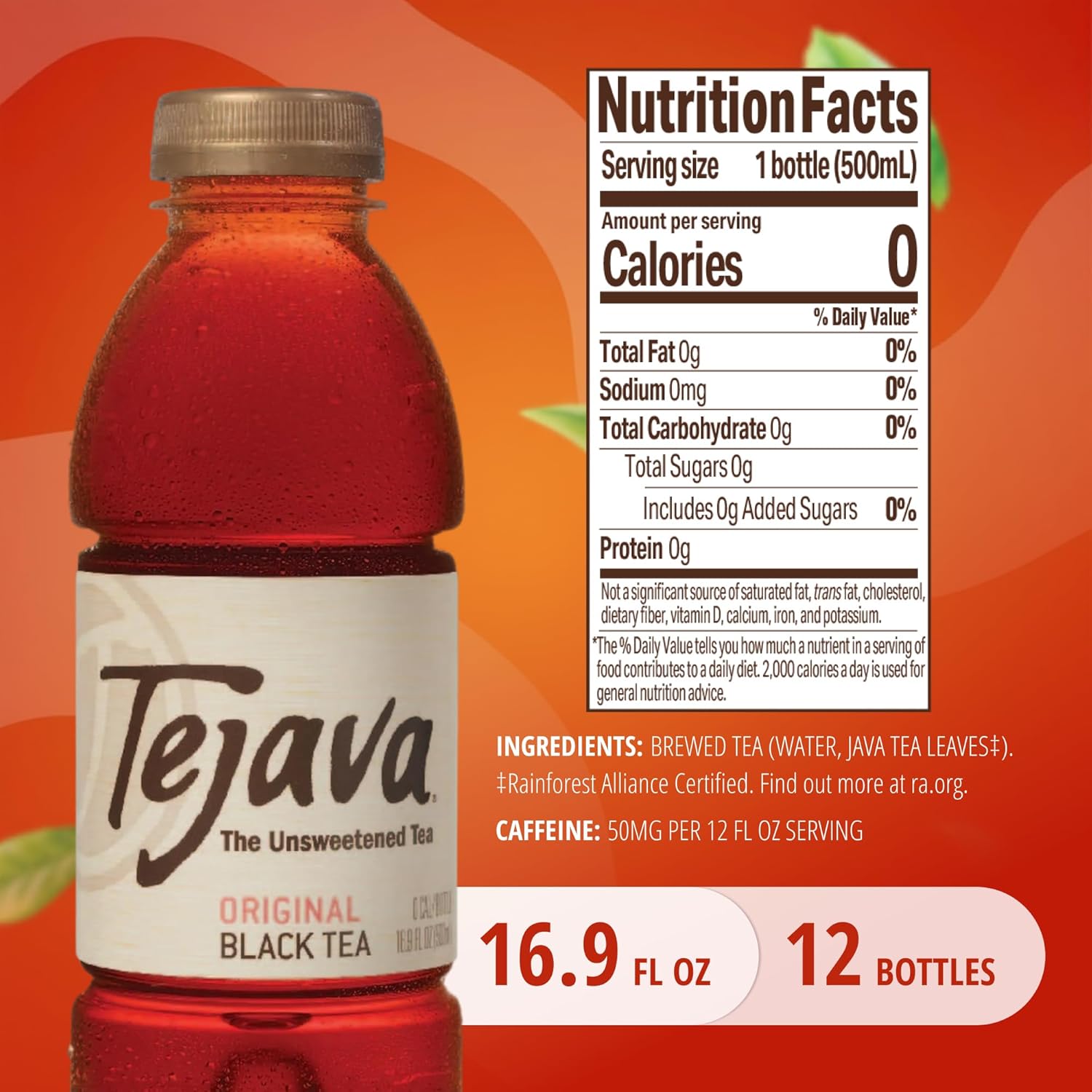 Tejava Original Unsweetened Black Iced Tea,16.9oz PET Bottles,Non-GMO,Kosher,No Sugar or Sweeteners,No calories,No-Preservatives,Brewed in Small Batches,(Pack of 24)