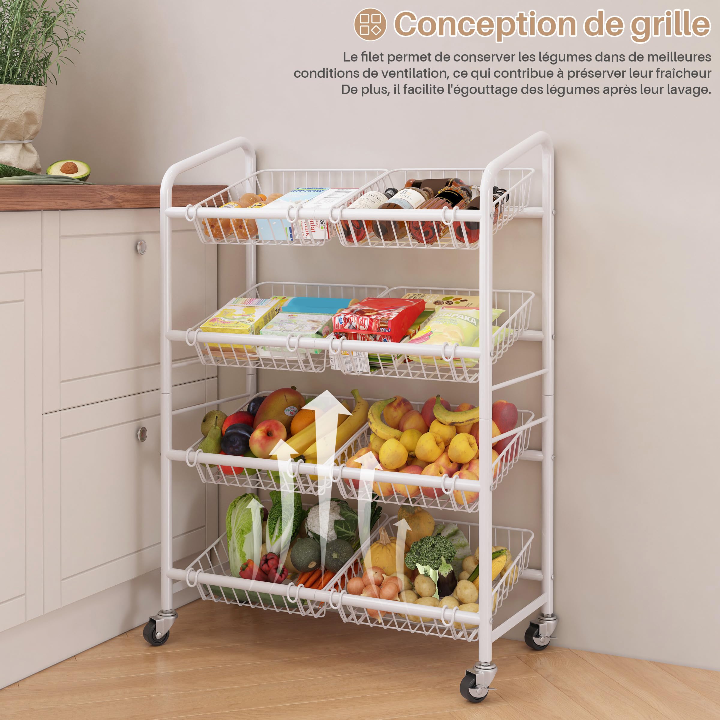Chariot de Cuisine à 4 niveaux, Blanc | 8 Paniers, Avec Poignée, 65 cm W, En Métal avec Roulettes