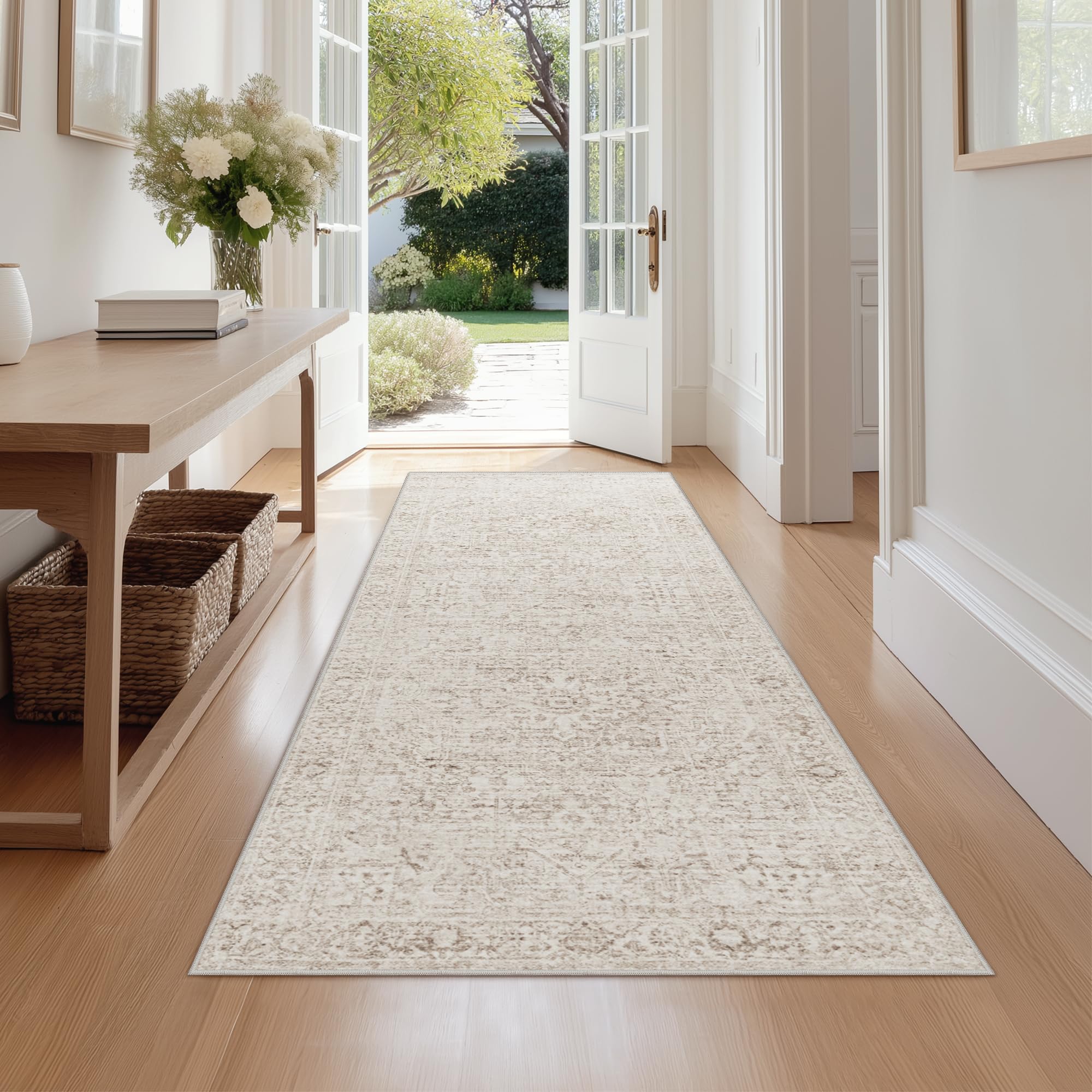 Beauoop Hallway Runner Rug Beige Neutral Washable 60x240 cm Non Slip Low Pile Vintage Traditional Indoor Carpet Soft Retro Entryway Thin Rug for Kitchen Living Room Bedroom Bathroom Laundry Entrance