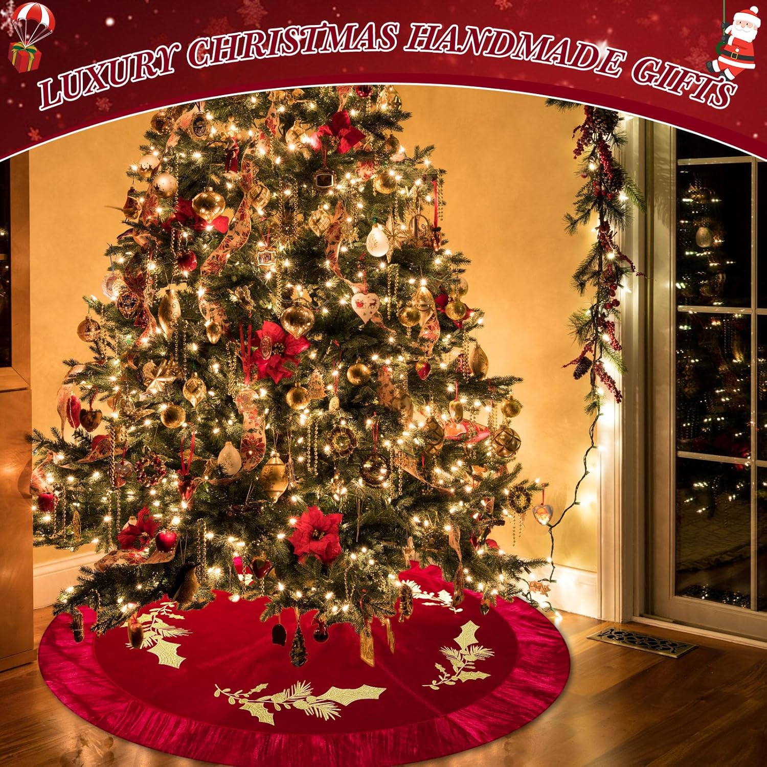 48 Inches Velvet Christmas Tree Skirt Red Wine Luxury Xmas Gold Fur Plush Skirts with Gold Embroidered Holly for Merry Christmas Party Rustic Vintage Holiday Home Winter Decorations