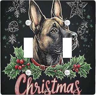Christmas Belgian Malinois Dog Decorative Light Switch Cover Wall Plate 2 Gang Double Toggle, Fun Xmas Hollies Electrical Faceplate for Kitchen Bathroom, Pet Switchcover Decor