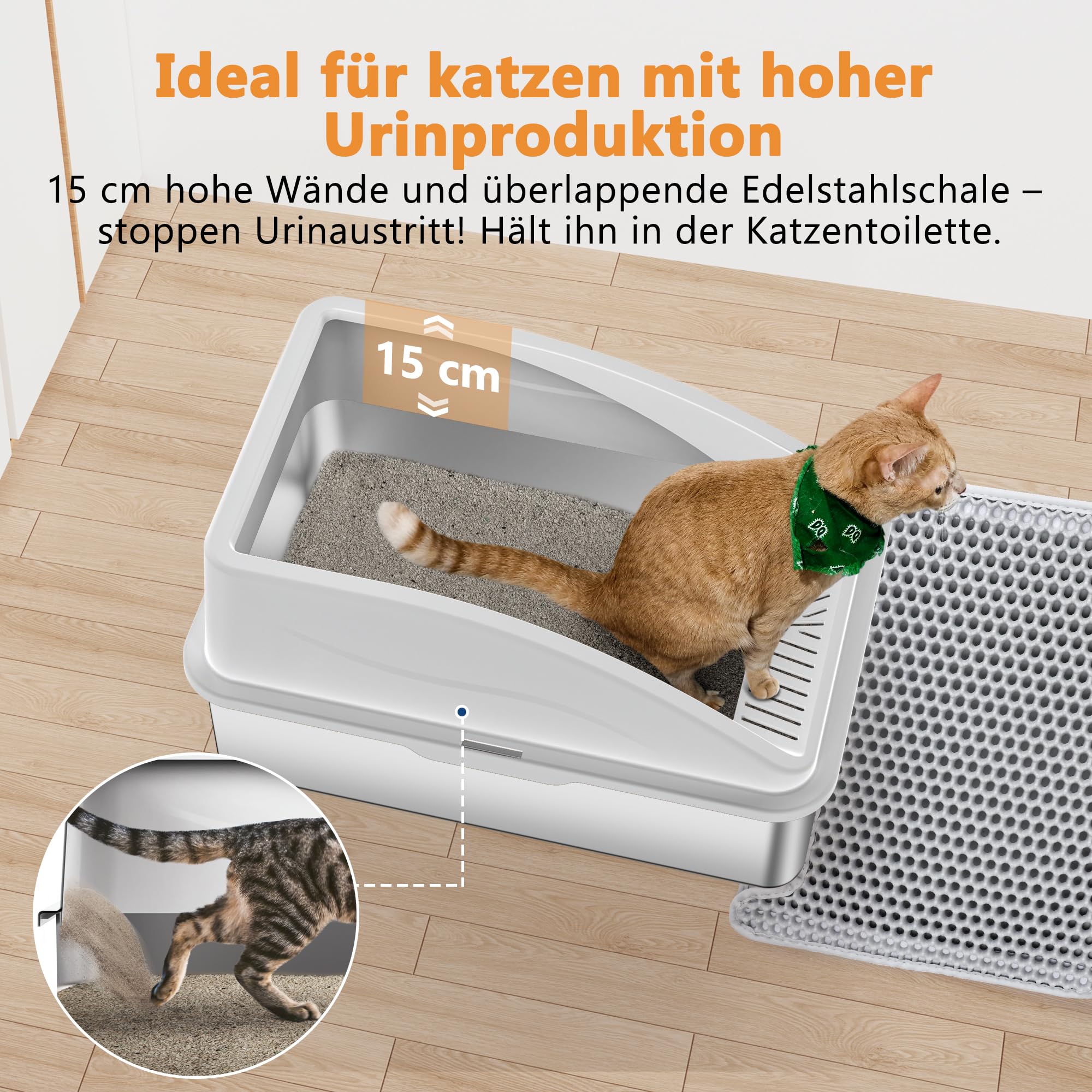 FURTIME Lettiera per gatti in acciaio inox XXL, 42 l, grande capacità, a prova di fuoriuscite, con paletta in metallo, 60 x 40 x 36 cm (grigio argento)