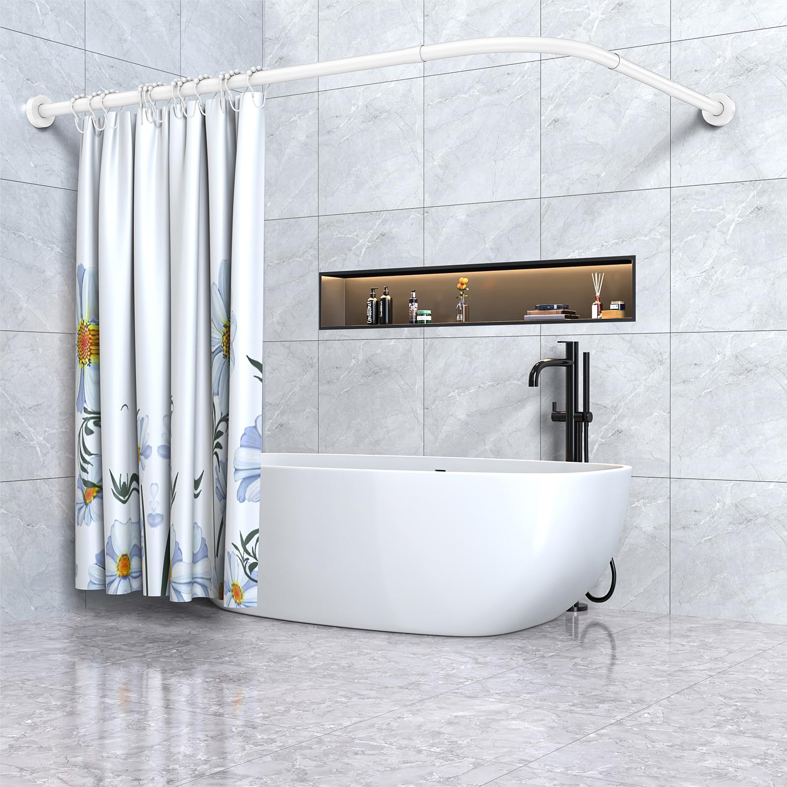 Tringles à Rideau de Douche Sans Perçage en Forme de L en 304 Acier Inoxydable, 95-125 x 95-125 cm, Avec 18 Anneaux, Sans Support de Plafond, Tringle Douche Angle Pour Baignoire et Douche - Blanc