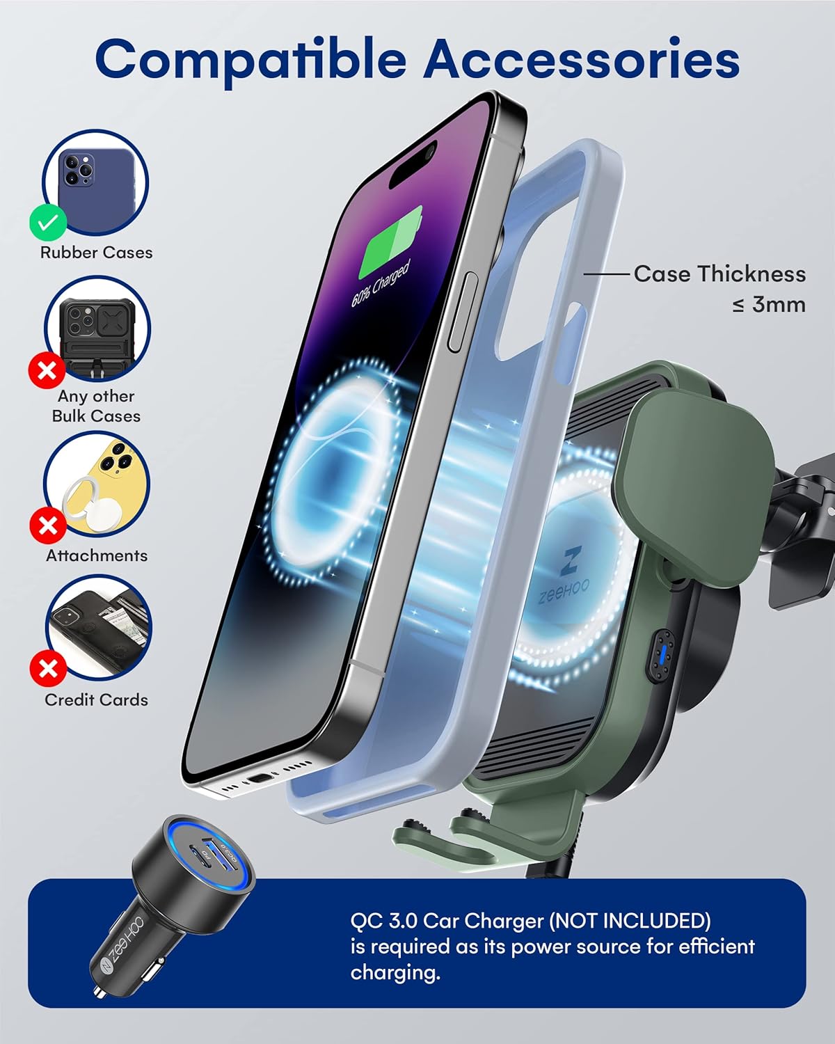 ZeeHoo Wireless Car Charger, 15w Fast Charging, Auto Clamping Car Phone Mount, Cell Phone Holder Charger, for iPhone 17 16 15 14 13 12 11 Pro Max Xs, Samsung Galaxy S23+ S22, Etc.(Grey)