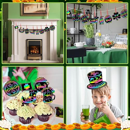 Miniatura 7 de FEBSNOW 48 piezas de manualidades del día de San Patricio para niños, arco iris mágico, raspaduras, trébol, adornos colgantes, tarjetas de papel