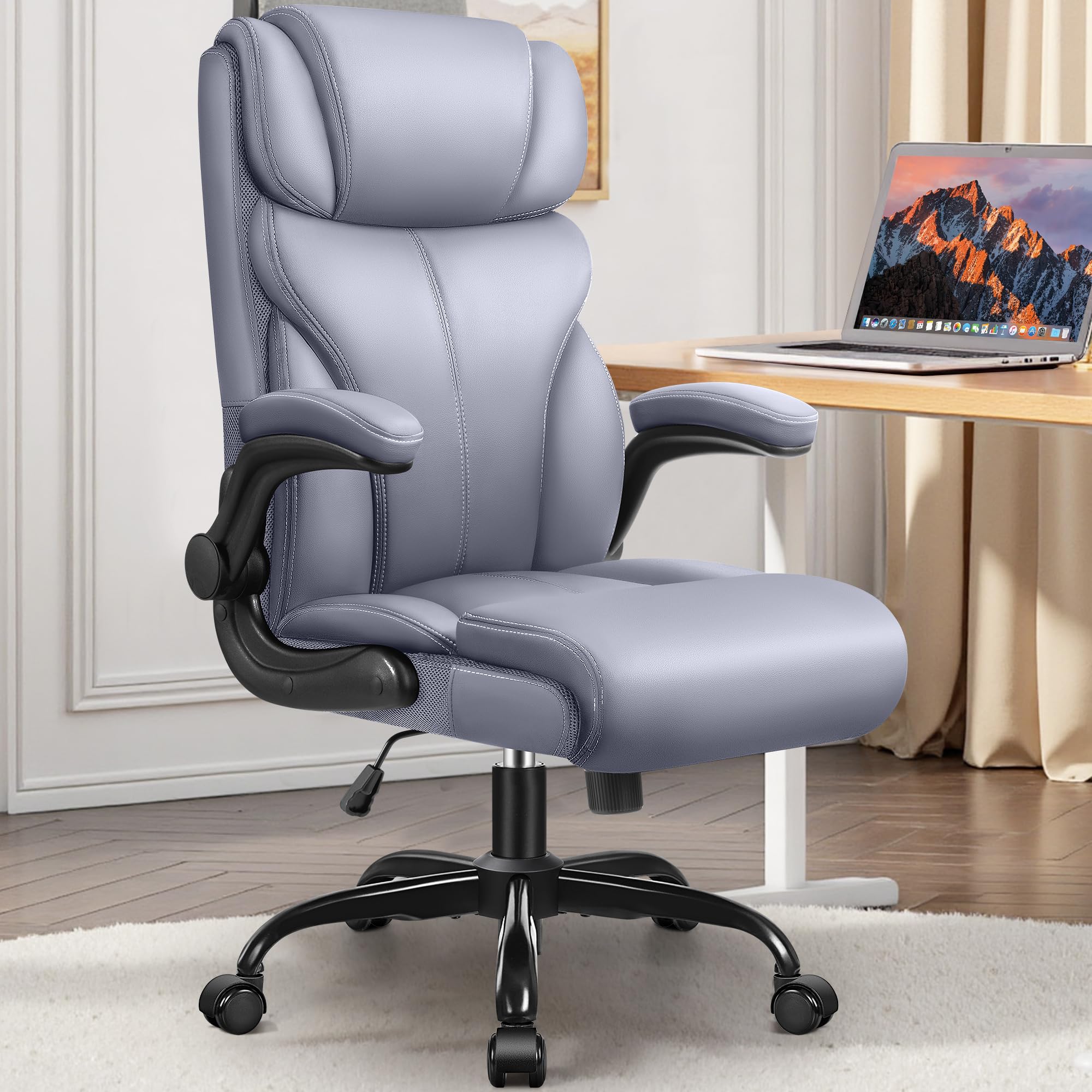Office Chair Leather Chair with Adjustable High Back Flip-up Armrests Ergonomic Desk Chairs Big and Tall Lumbar Support