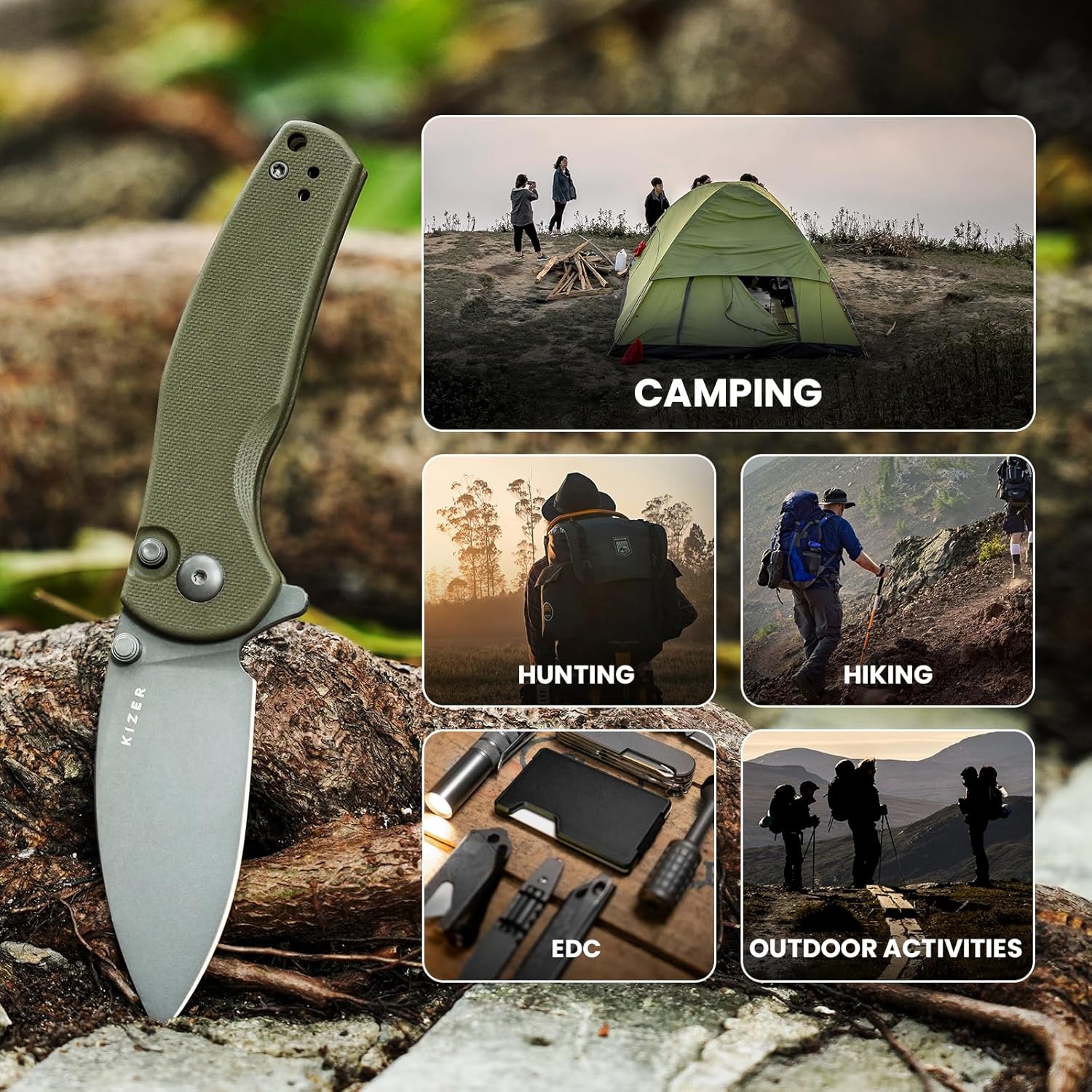 Kizer Mini Grouper Folding Pocket Knife, 3.16” D2 Blade G10 Handle Camping Folding Knife, Button Liner Lock EDC Knife with Pocket Clip for Men Women Gift, Hunting Hiking Survival Knives V3669A3