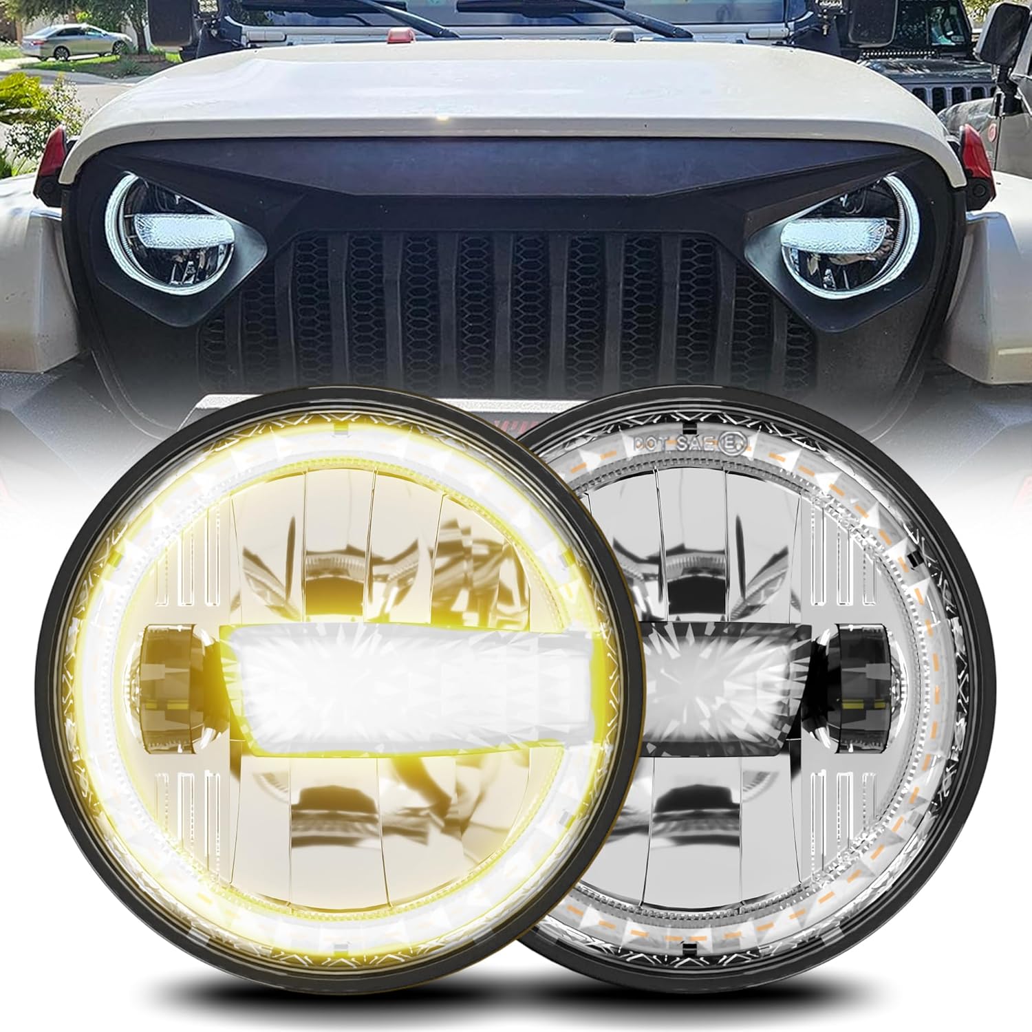 1000% Bright 7 Inch Round LED Headlight H6024 for Car, DOT Anti-glare DRL Turn Signal Driving Lights, High and Low Sealed Beam, Compatible with Jeep Wrangler JK JKU TJ LJ Chevy Ford etc.