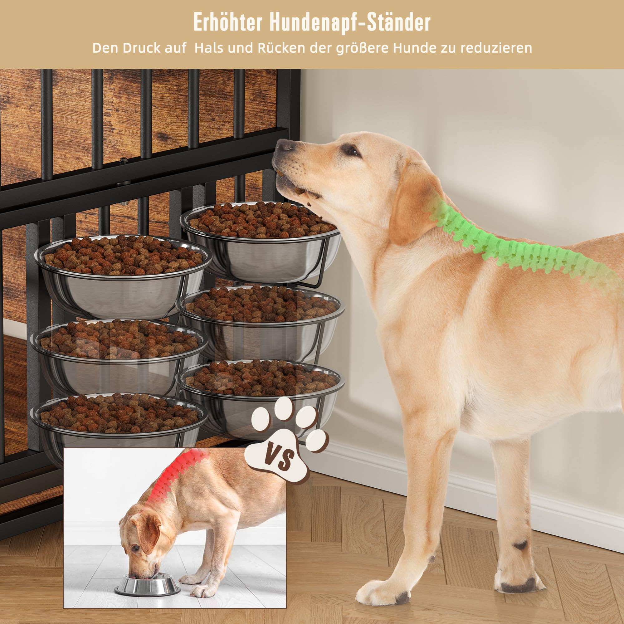 Gabbia per cani per la casa, 100 x 60 x 85 cm, gabbia per cani in legno con ciotole orientabili, cuccia in stile mobili con spazio per cani fino a 35 kg